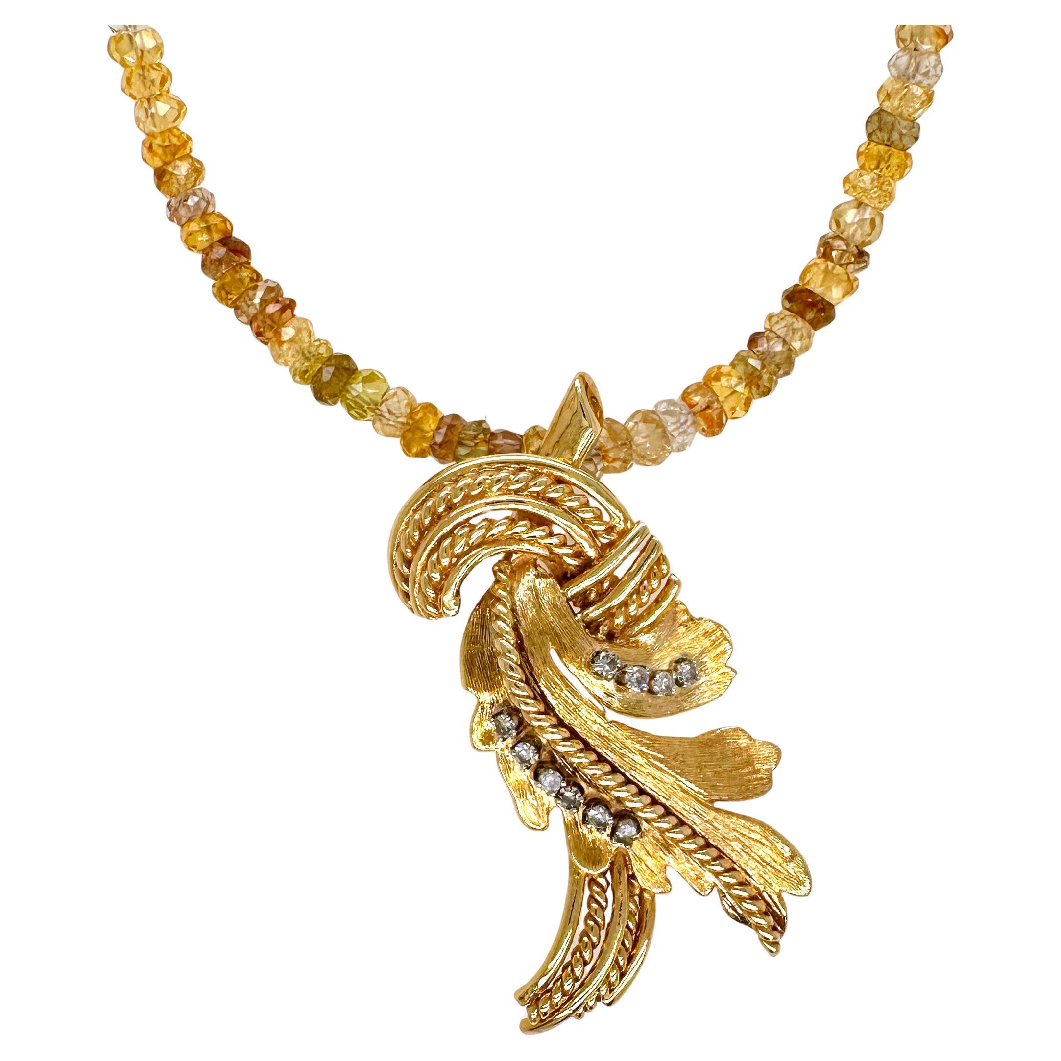 Vintage Swag Pendant in Yellow Gold & Diamonds with 18" Zircon Bead Necklace For Sale