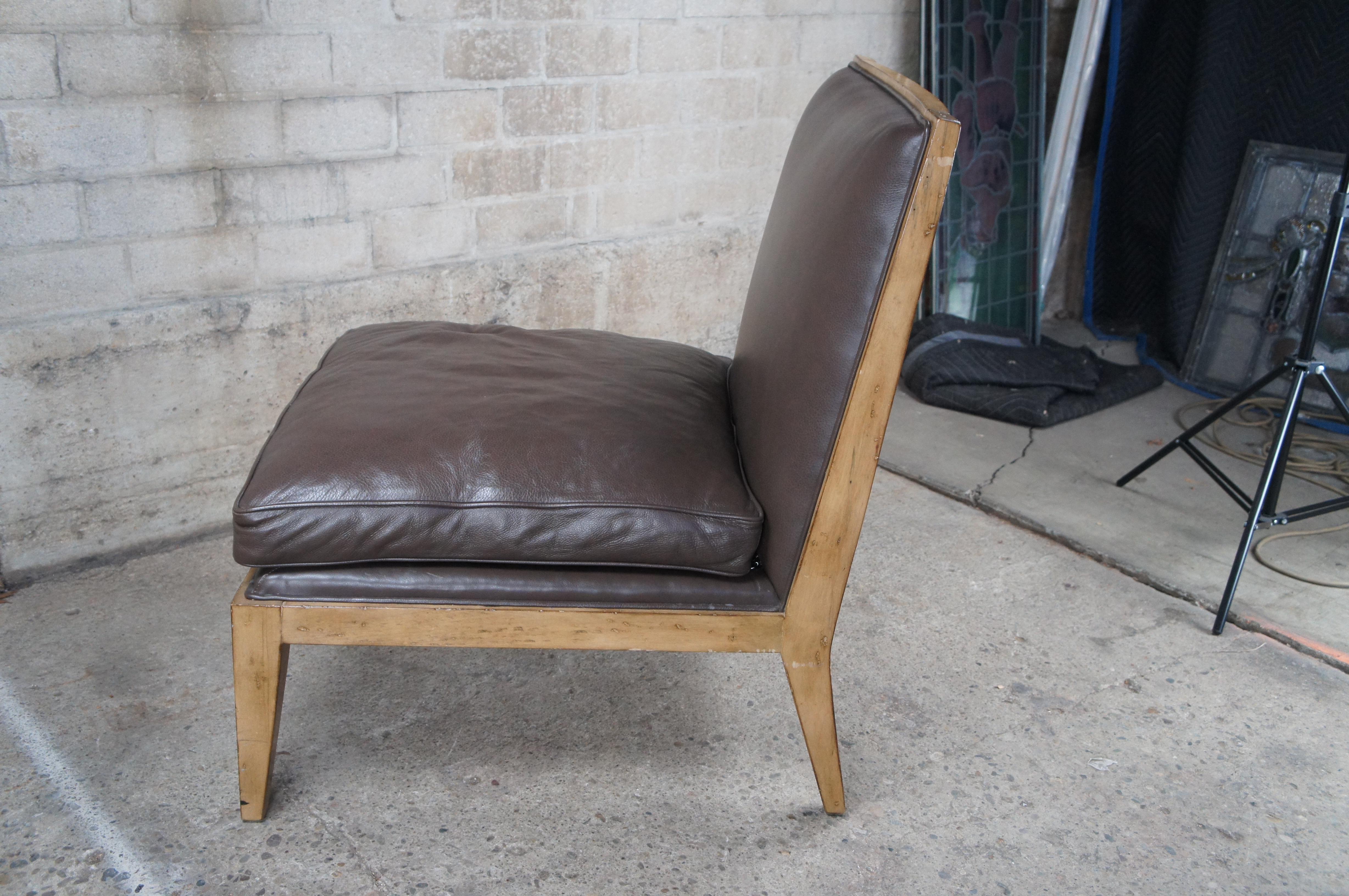 Vintage Swaim Modern Brown Leather Armless Oak Slipper Lounge Club Reading Chair For Sale 6