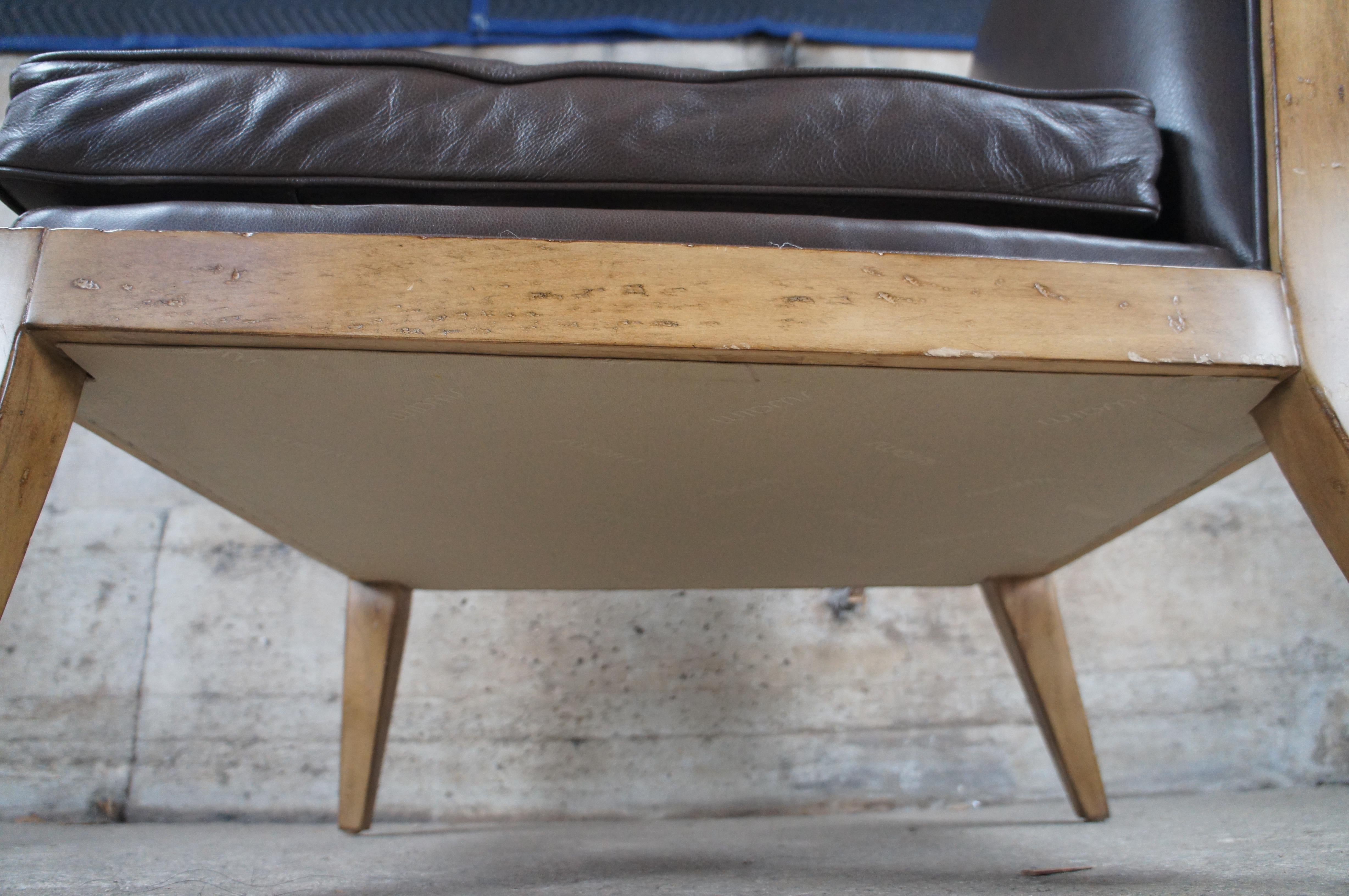 Vintage Swaim Modern Brown Leather Armless Oak Slipper Lounge Club Reading Chair For Sale 8