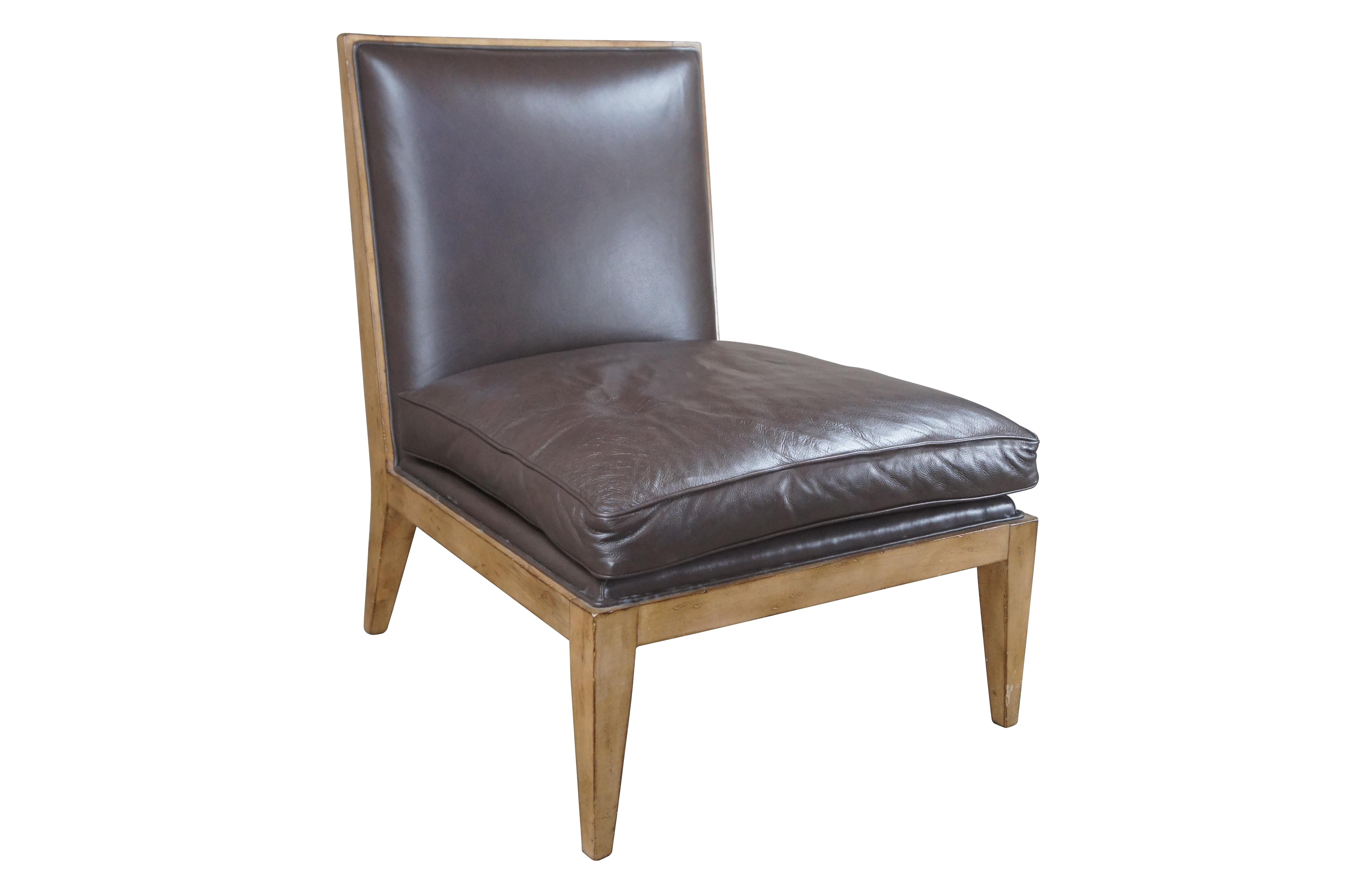 Moderne Vintage Swaim Modern Brown Leather Armless Oak Slipper Lounge Club Reading Chair en vente