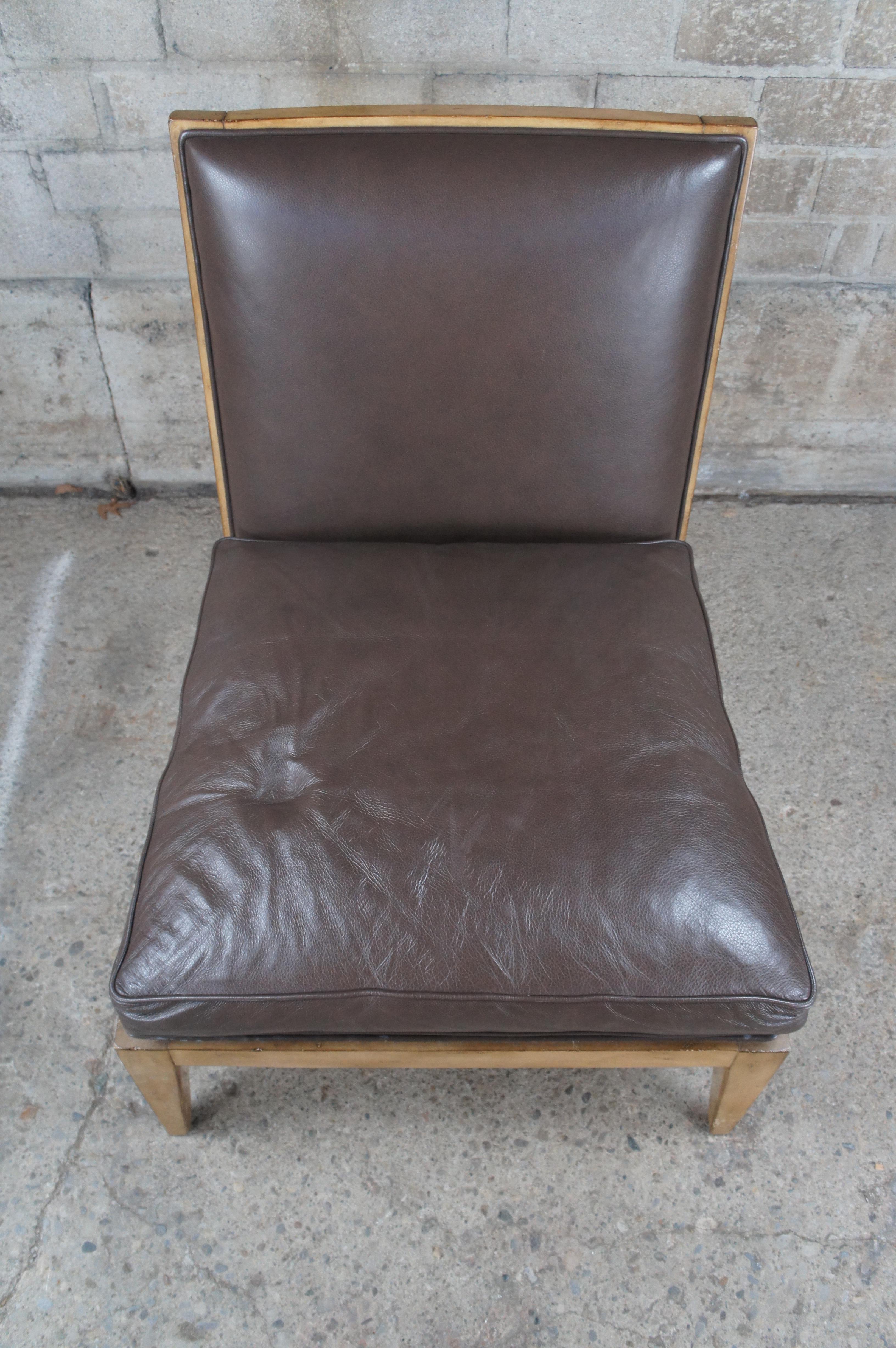 20th Century Vintage Swaim Modern Brown Leather Armless Oak Slipper Lounge Club Reading Chair For Sale