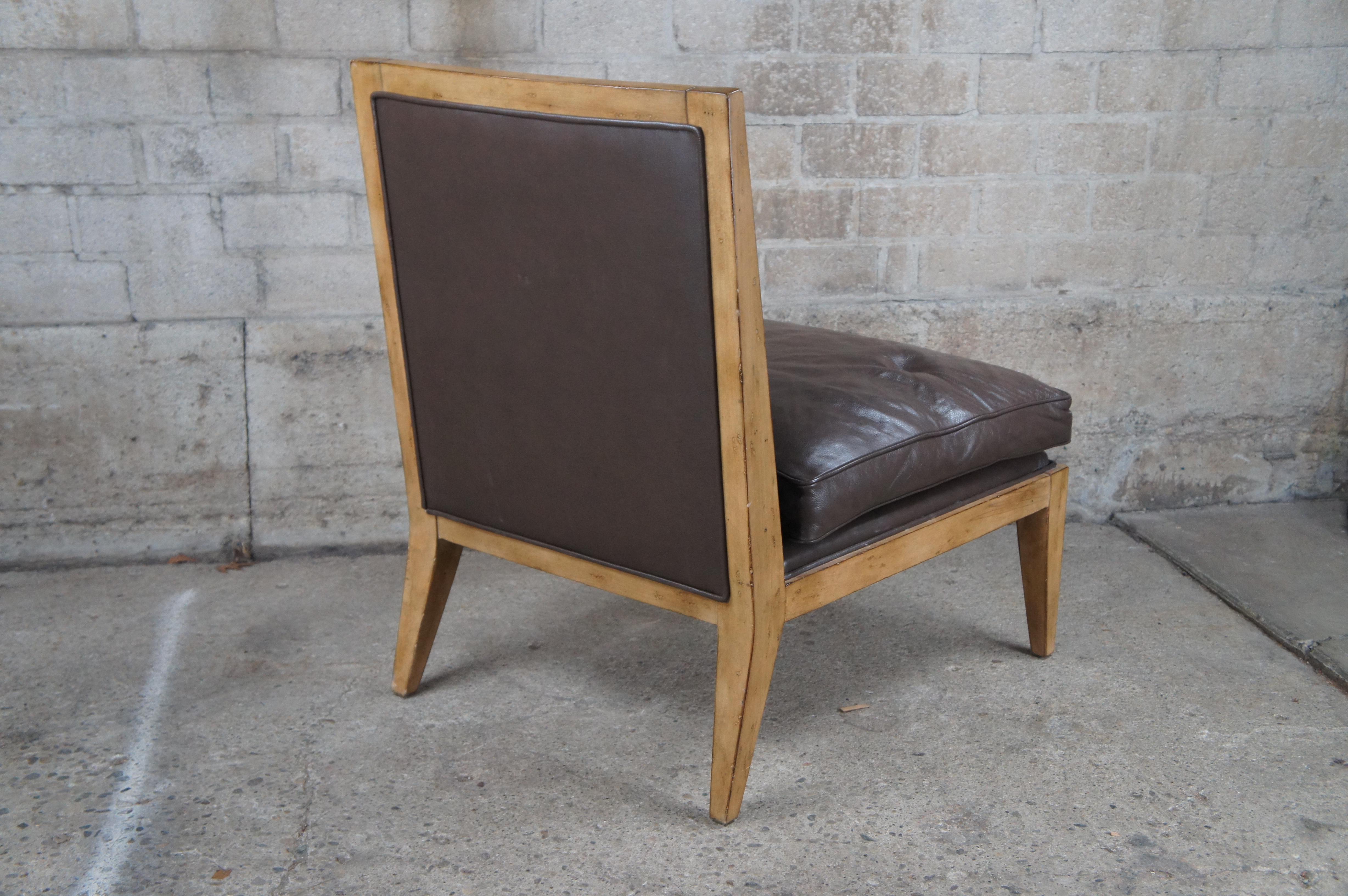 Vintage Swaim Modern Brown Leather Armless Oak Slipper Lounge Club Reading Chair For Sale 3