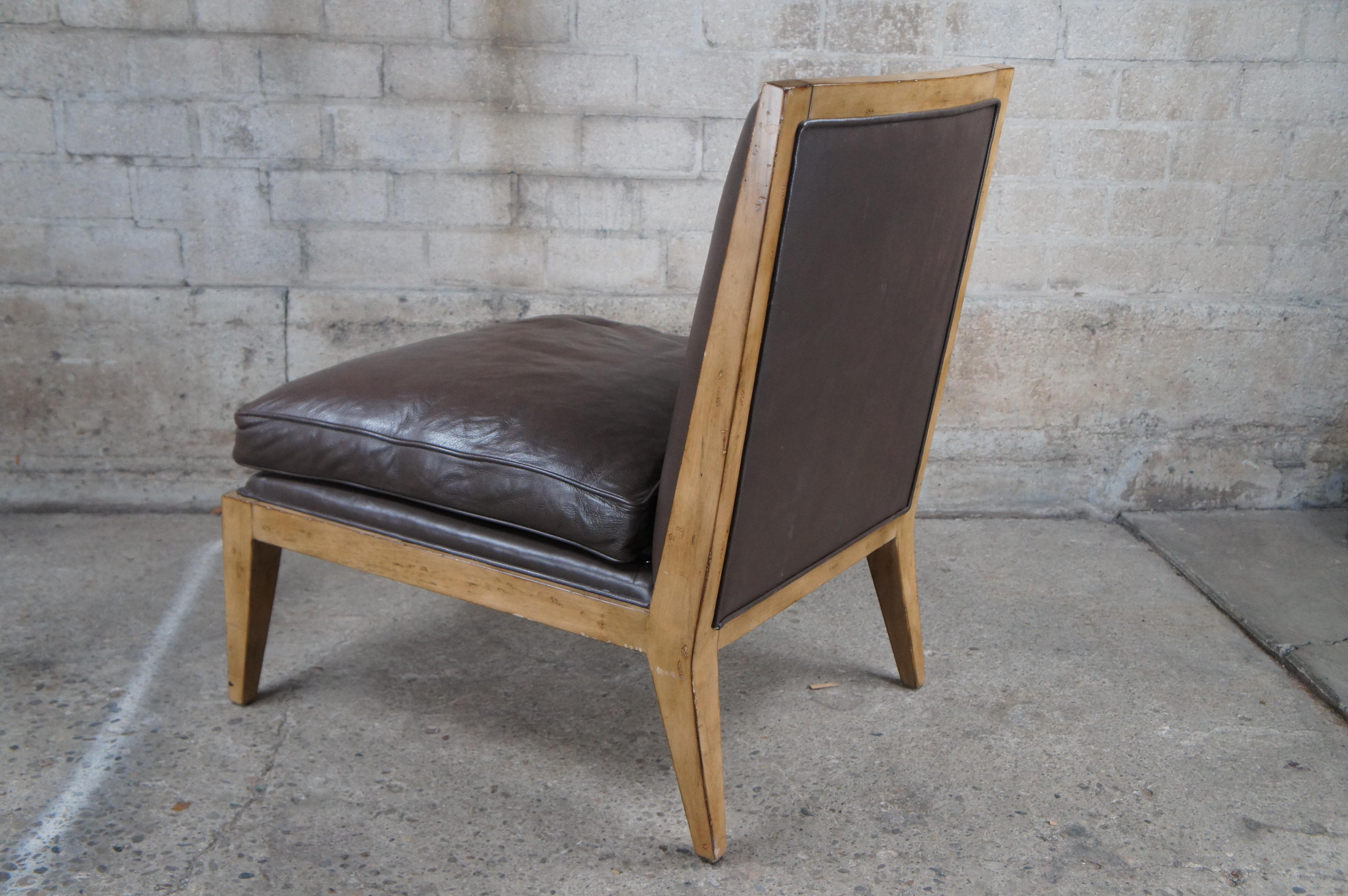 Vintage Swaim Modern Brown Leather Armless Oak Slipper Lounge Club Reading Chair For Sale 5