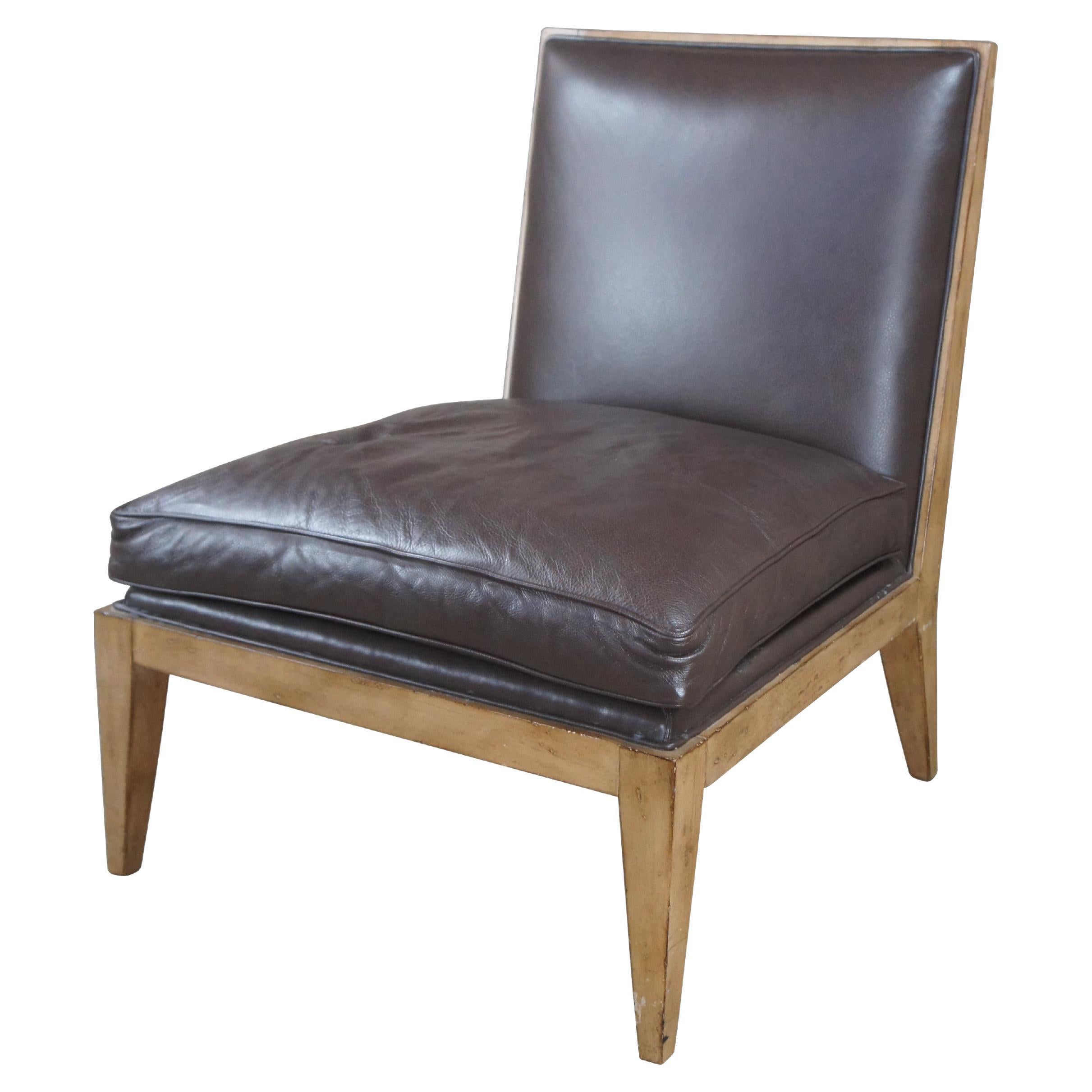 Vintage Swaim Modern Brown Leather Armless Oak Slipper Lounge Club Reading Chair For Sale