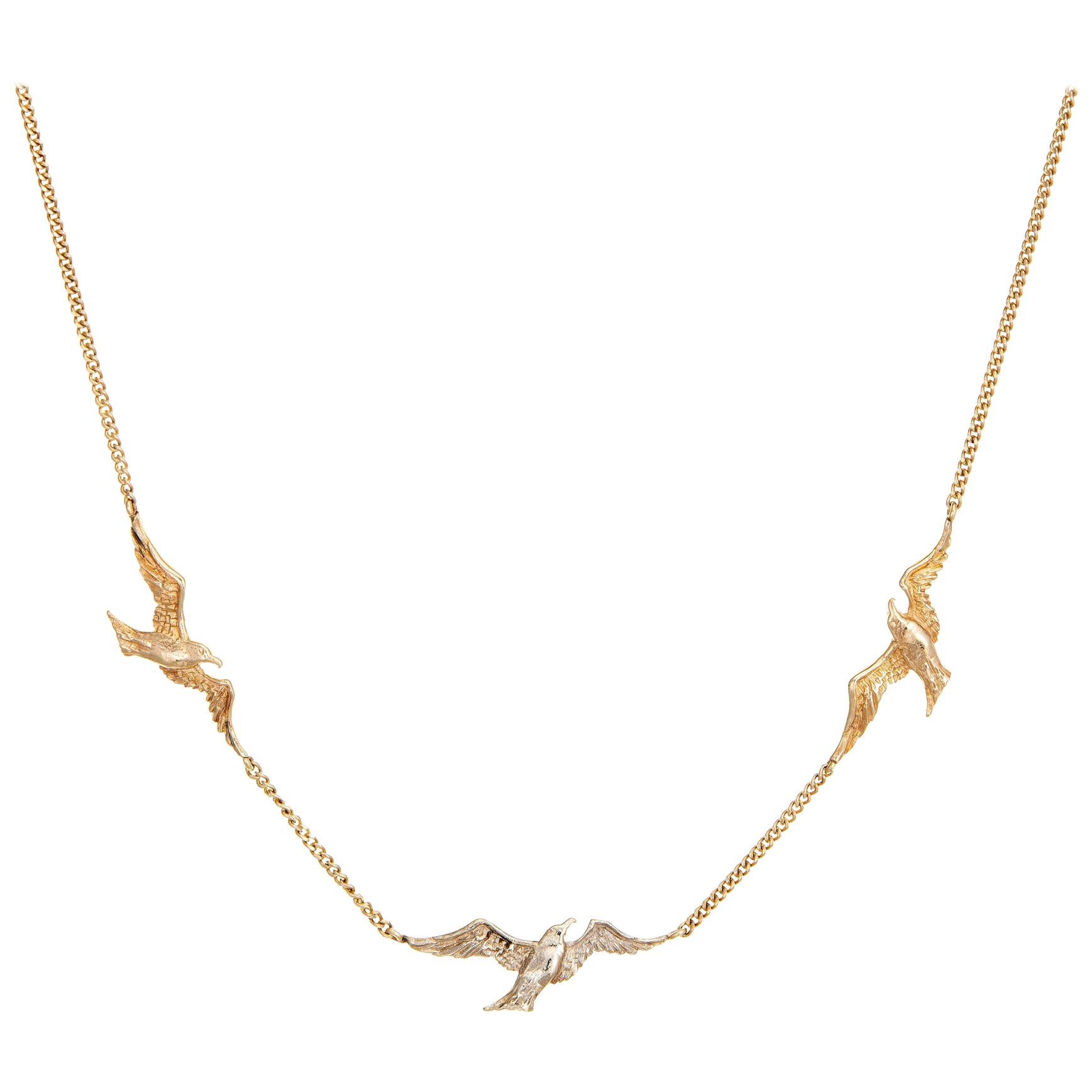 Vintage Swallow Necklace 14 Karat Two-Tone Gold Chain Fine Bird Jewelry Estate