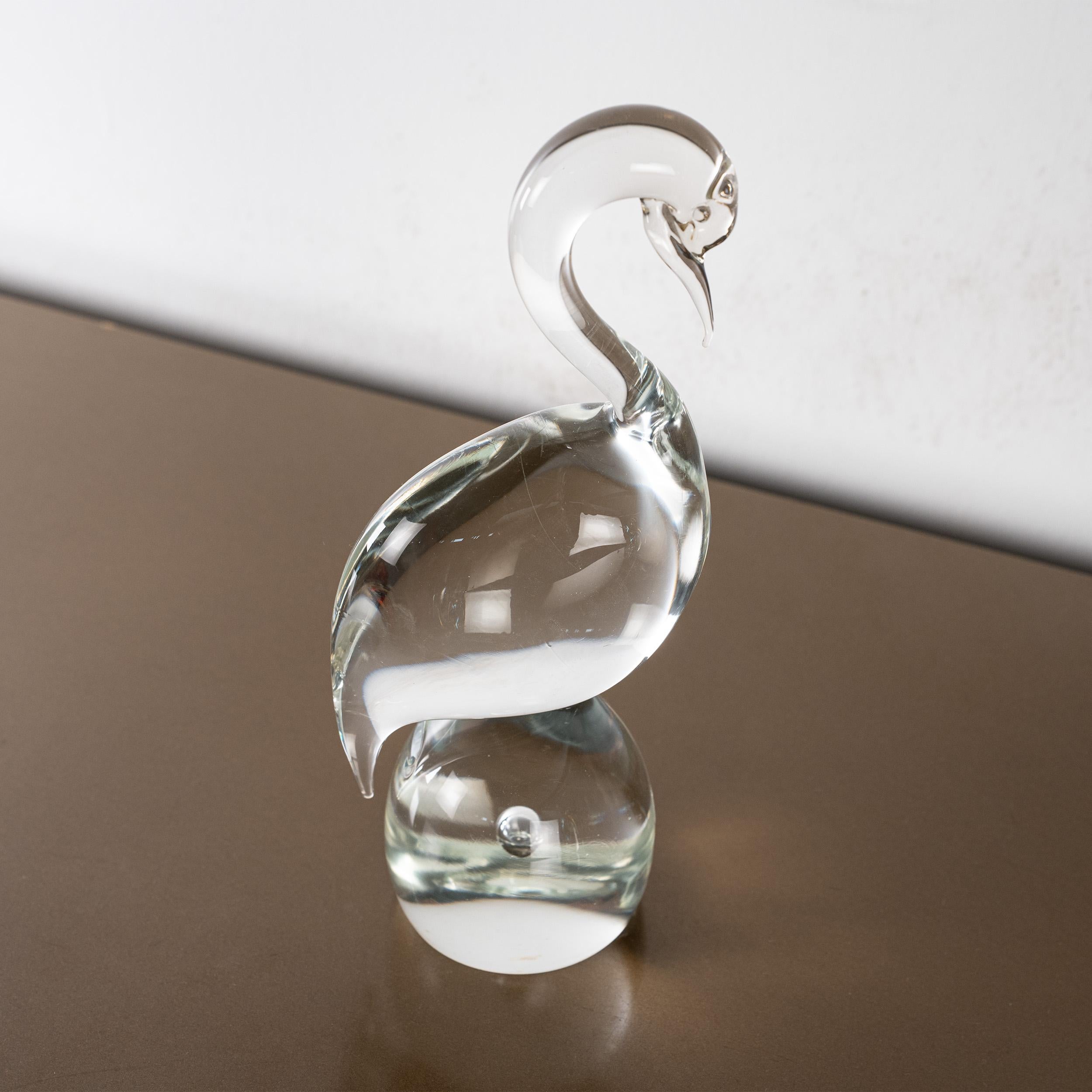 Italiano Scultura di uccello cigno vintage in vetro di Murano trasparente, Italia in stock in vendita