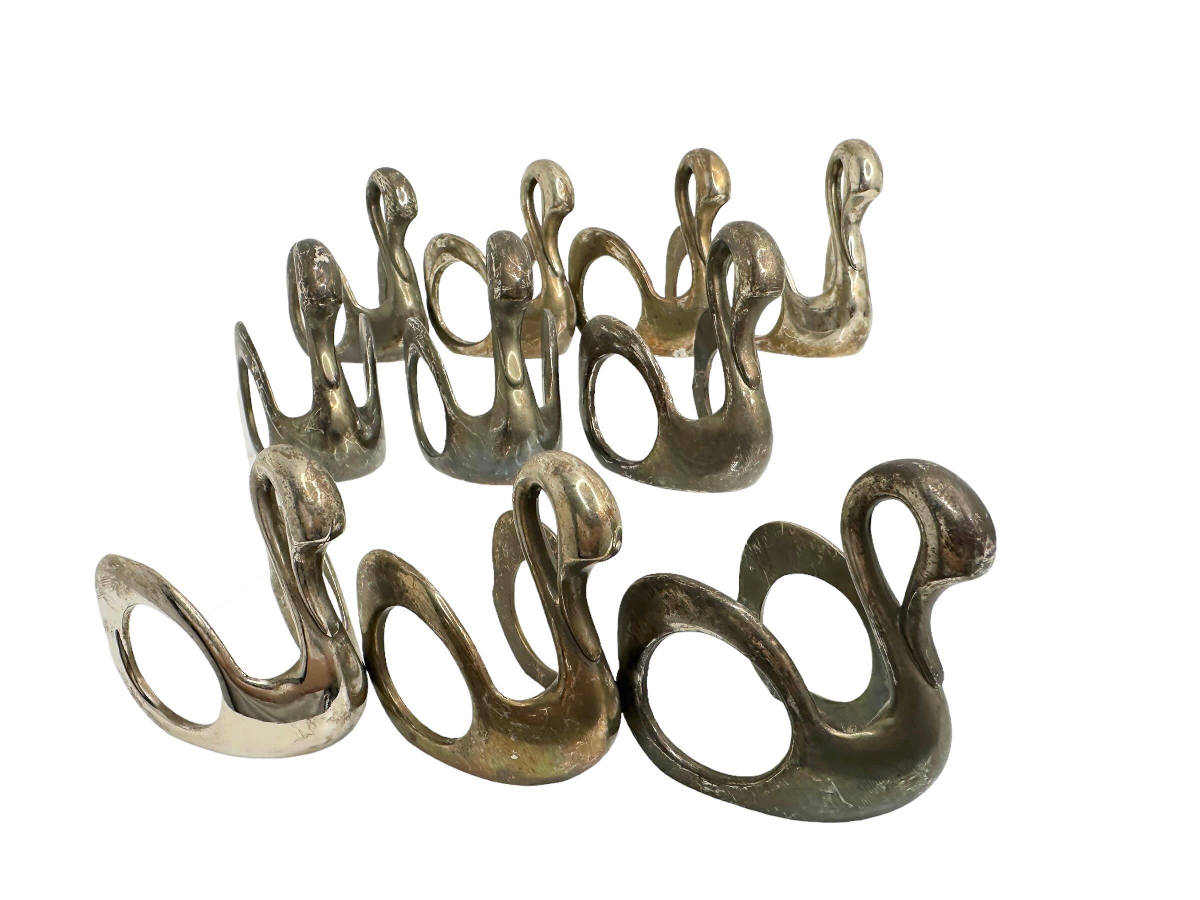 Vintage Swan Napkin Rings, Set of Ten, Silver Plate Nickel Germany 1960s For Sale 8