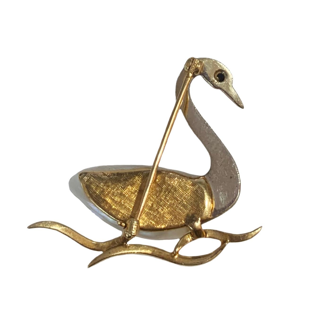da uomo o donna Spilla vintage con cigno e perla in oro giallo in vendita