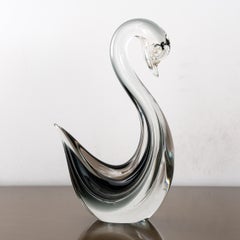 Vintage Swan Sculpture in dark grey smoke Murano glass by Formia Venezia Italy
