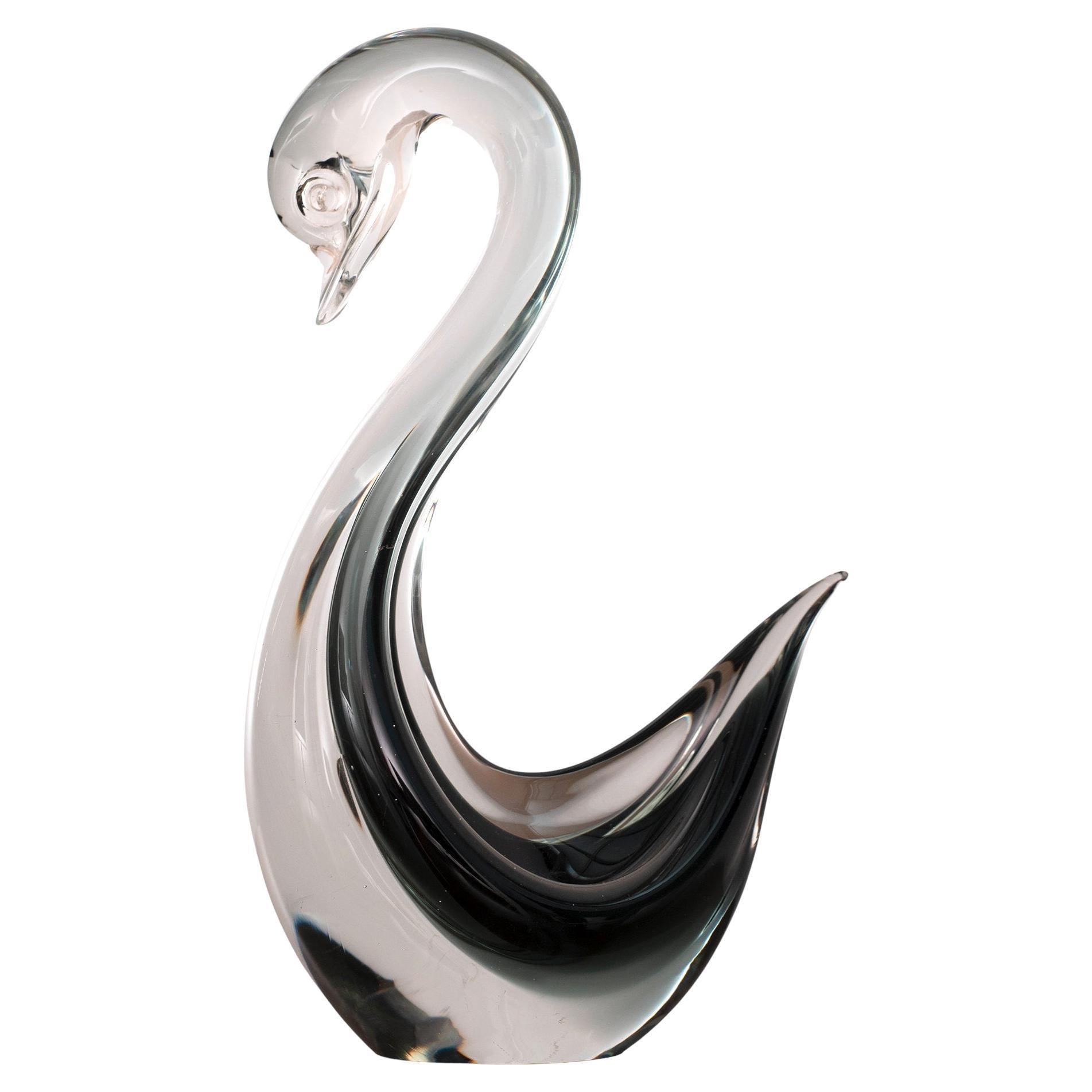 Sculpture vintage en forme de cygne en verre Murano gris foncé fumé par Formia Venezia Italie