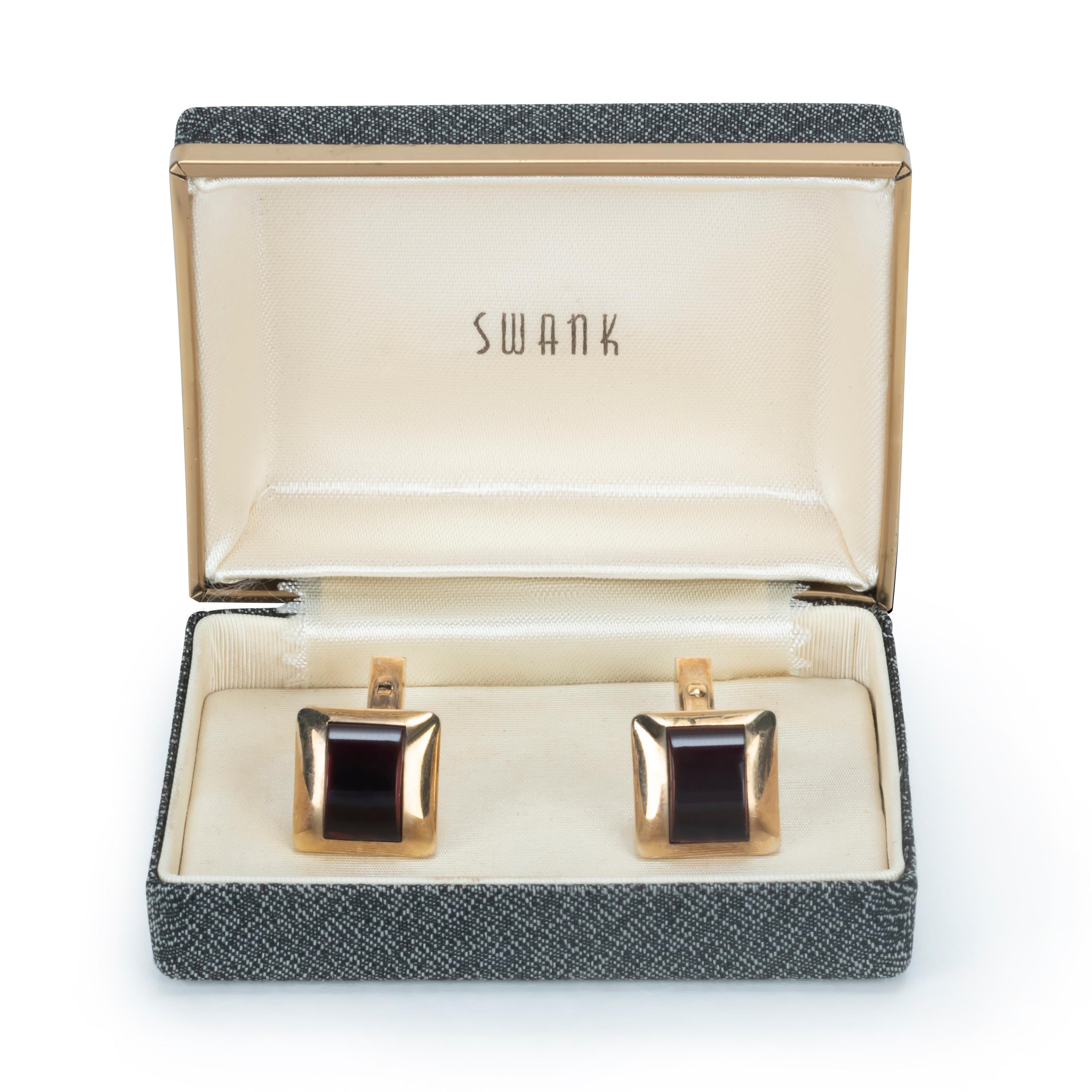 Vintage Swank 10K Gold Plated Cufflinks Dark Ruby Red Lucite Stones in a Modernist Box
The Gold and Red cufflinks are classic chic for black tie, cocktail attire. 
Can be worn unisex. 
What is unique about this pair is the mint condition there are