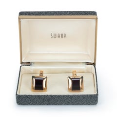 Vintage Swank 10K Gold Plated Cufflinks Dark Ruby Red Stones Modernist Box