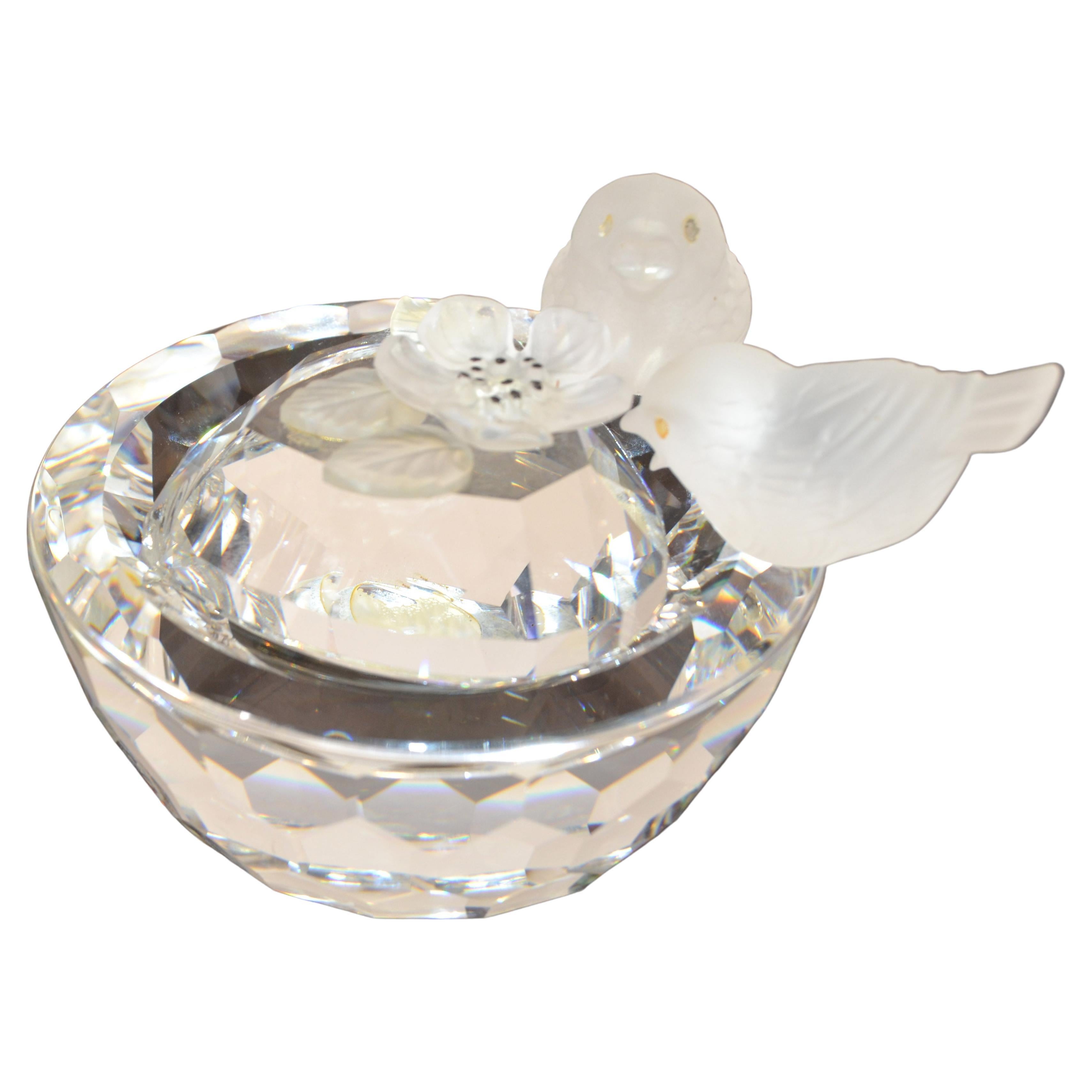 Vintage Swarovski Crystal Faceted Round Two Birds Bath Bowl Heart Lid Figurines For Sale