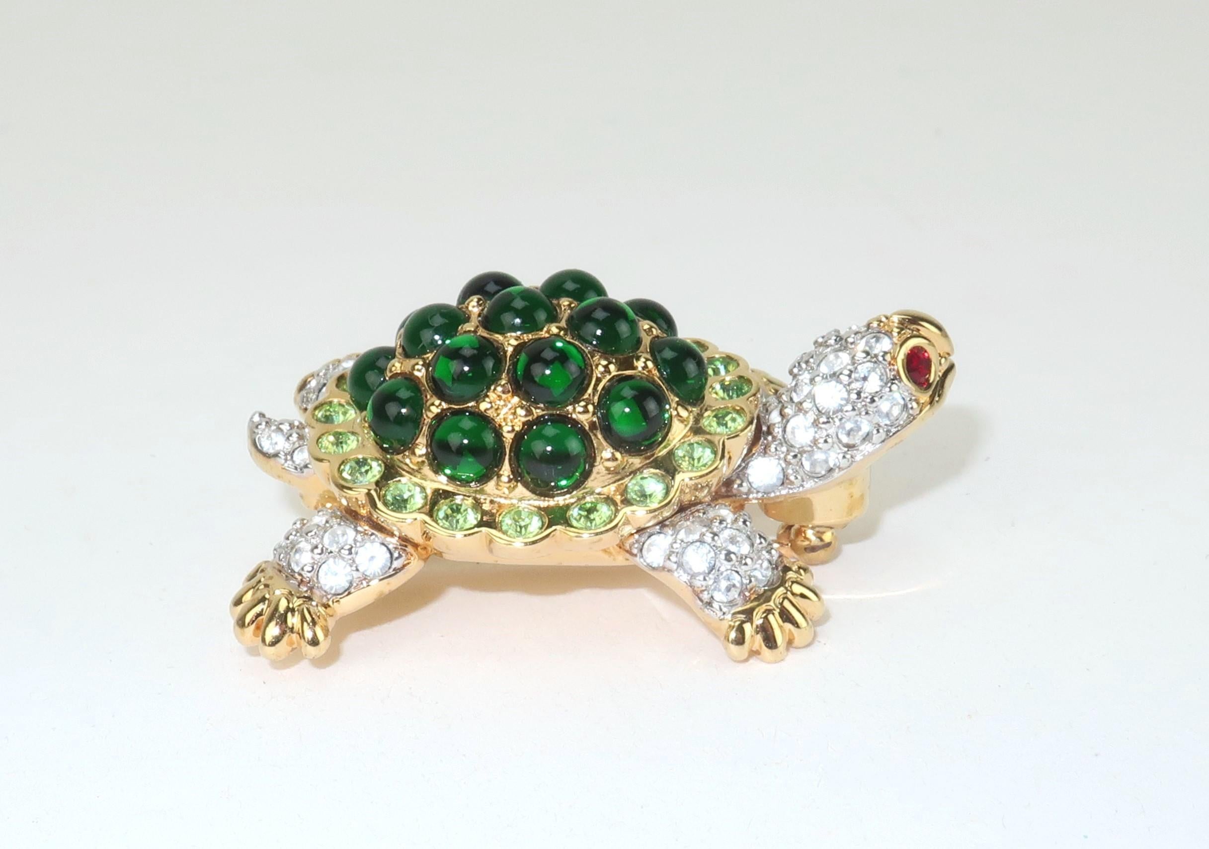 Retro Vintage Swarovski Emerald Green Rhinestone Turtle Brooch