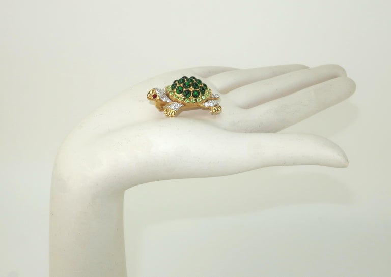 Vintage Swarovski Emerald Green Rhinestone Turtle Brooch at