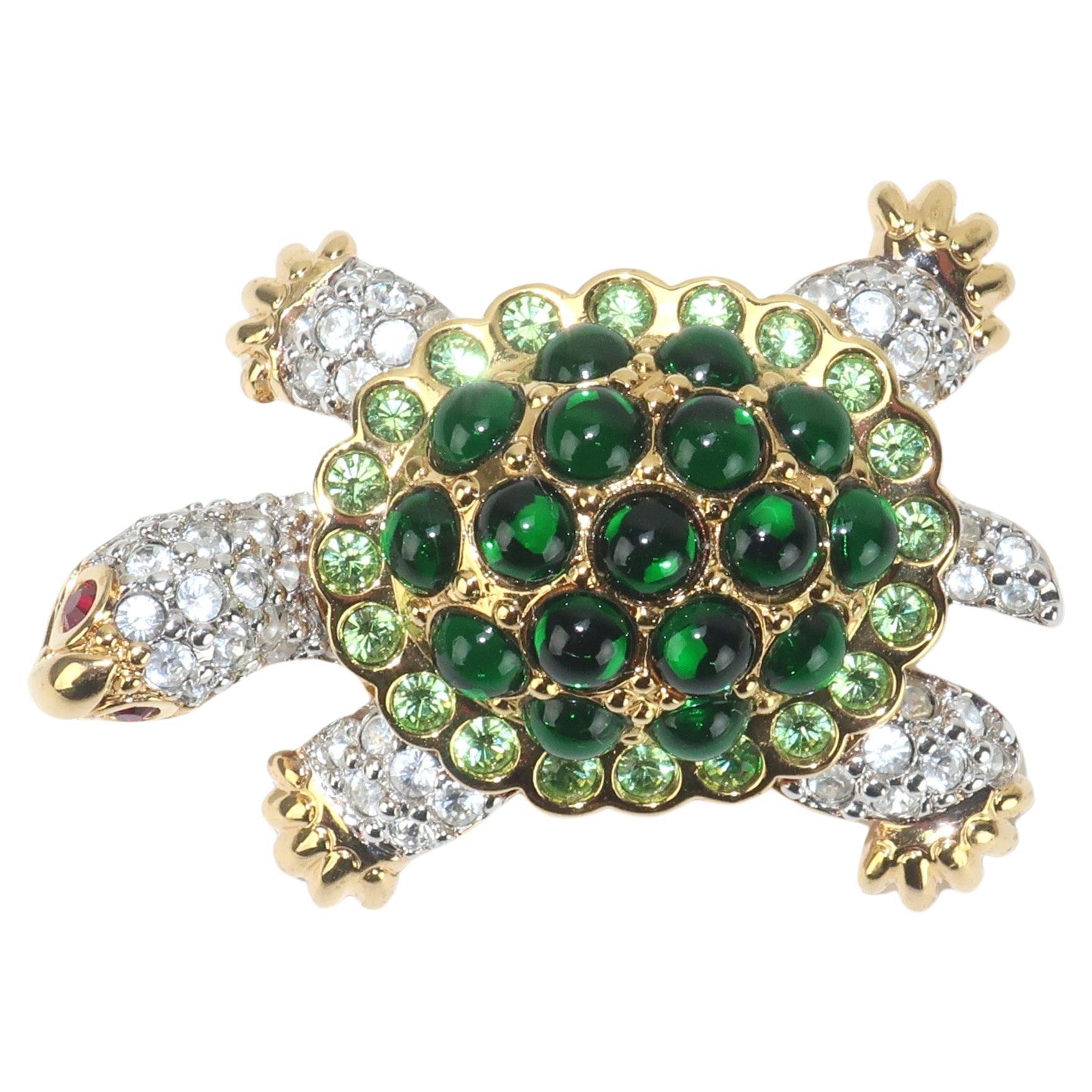 Vintage Swarovski Emerald Green Rhinestone Turtle Brooch