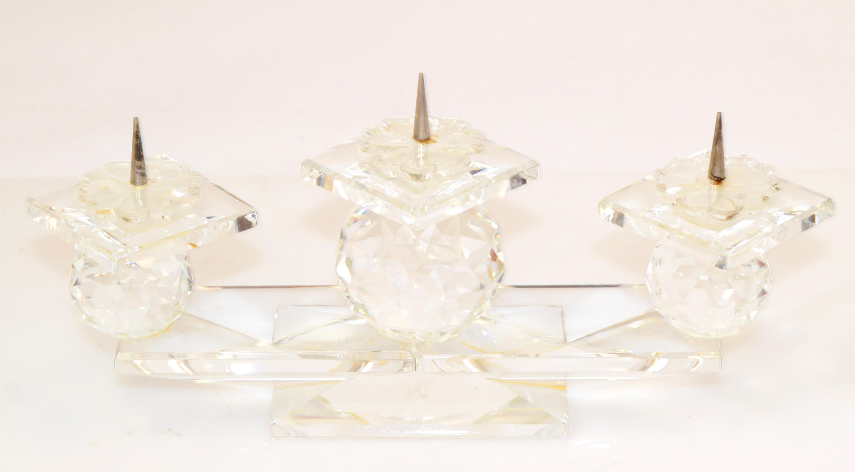 Vintage Swarovski Faceted Crystal Triple Pin Candlesticks Art Deco Style 1970 For Sale 4