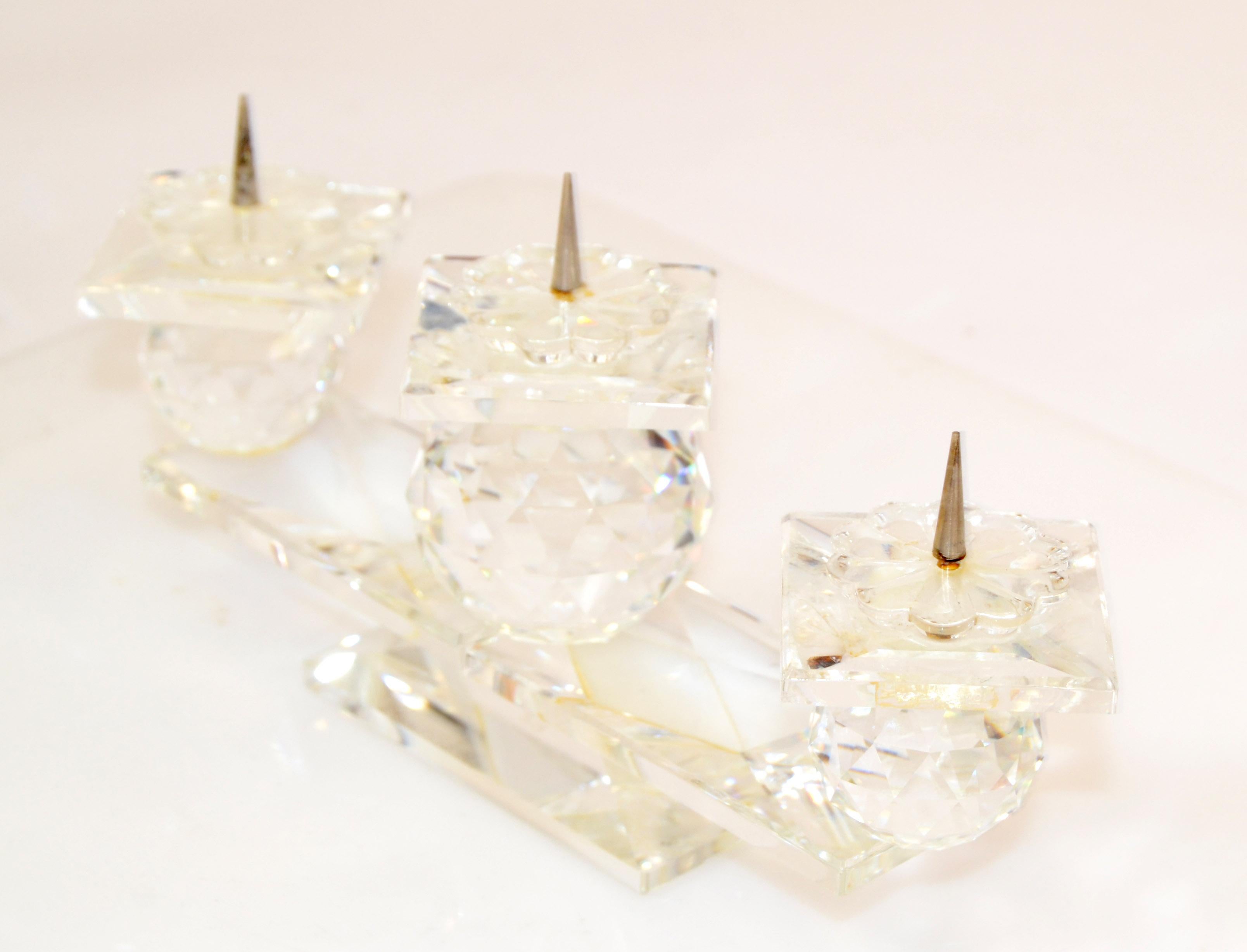 Mid-Century Modern Vintage Swarovski Faceted Crystal Triple Pin Candlesticks Art Deco Style 1970 For Sale