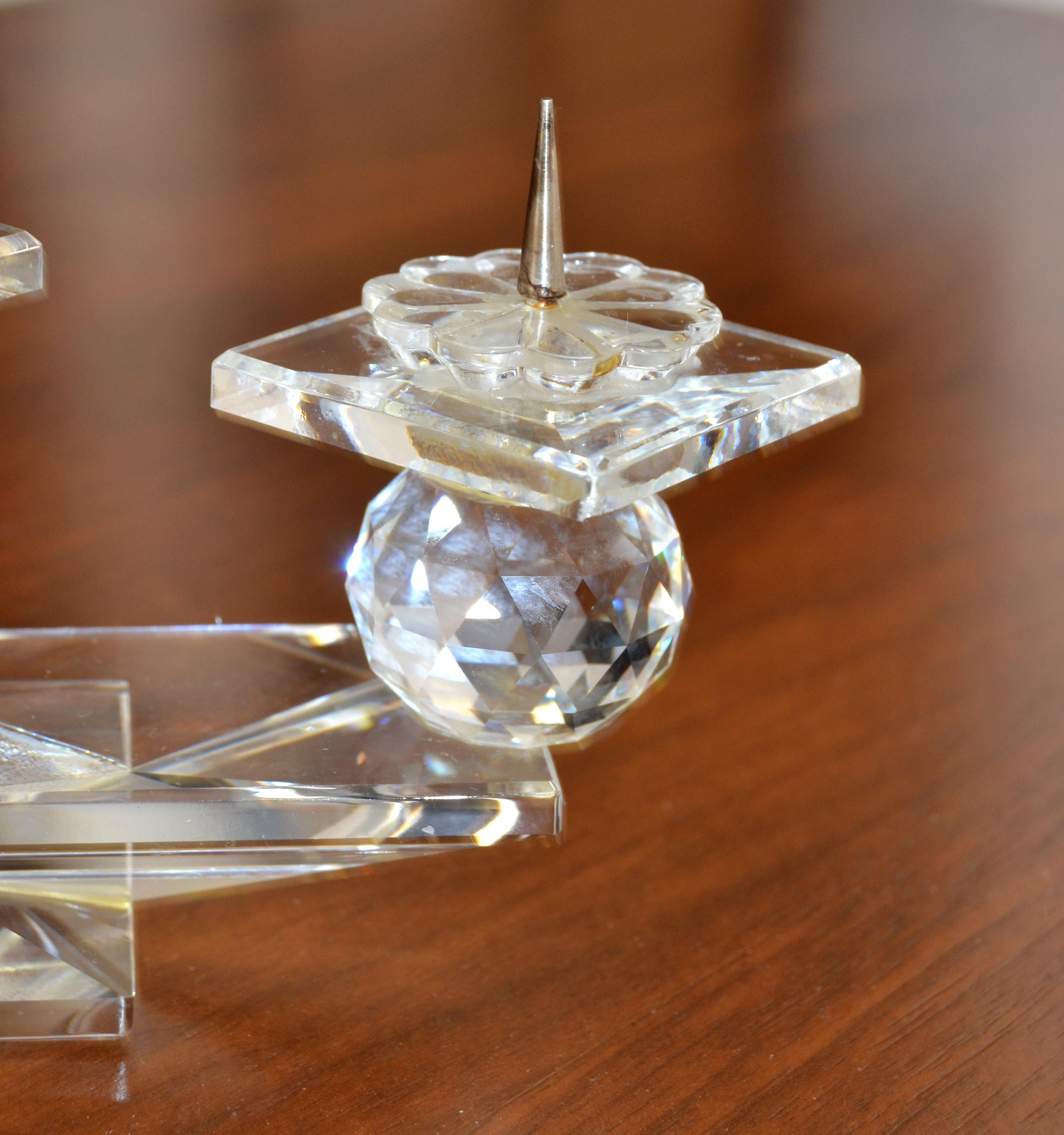 Vintage Swarovski Faceted Crystal Triple Pin Candlesticks Art Deco Style 1970 In Good Condition For Sale In Miami, FL