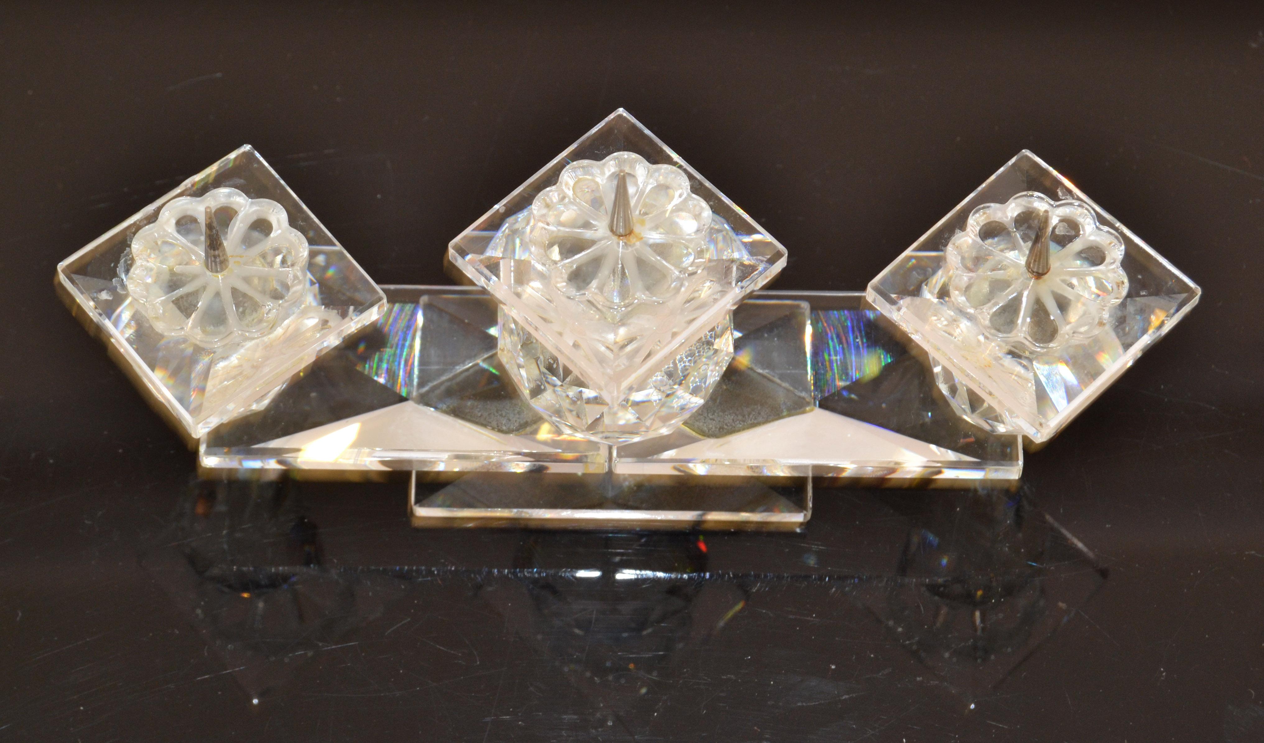 20th Century Vintage Swarovski Faceted Crystal Triple Pin Candlesticks Art Deco Style 1970 For Sale