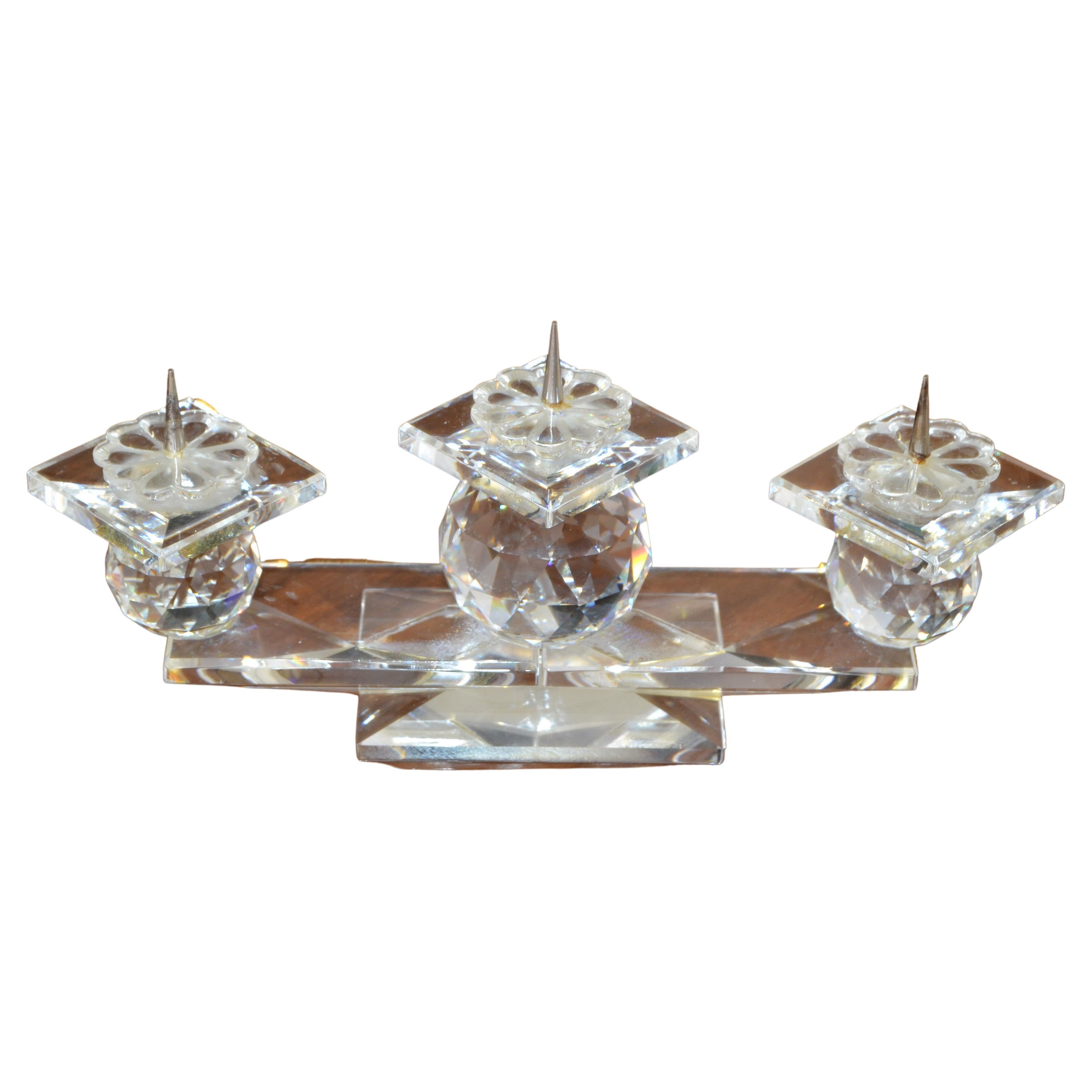 Vintage Swarovski Faceted Crystal Triple Pin Candlesticks Art Deco Style 1970 For Sale