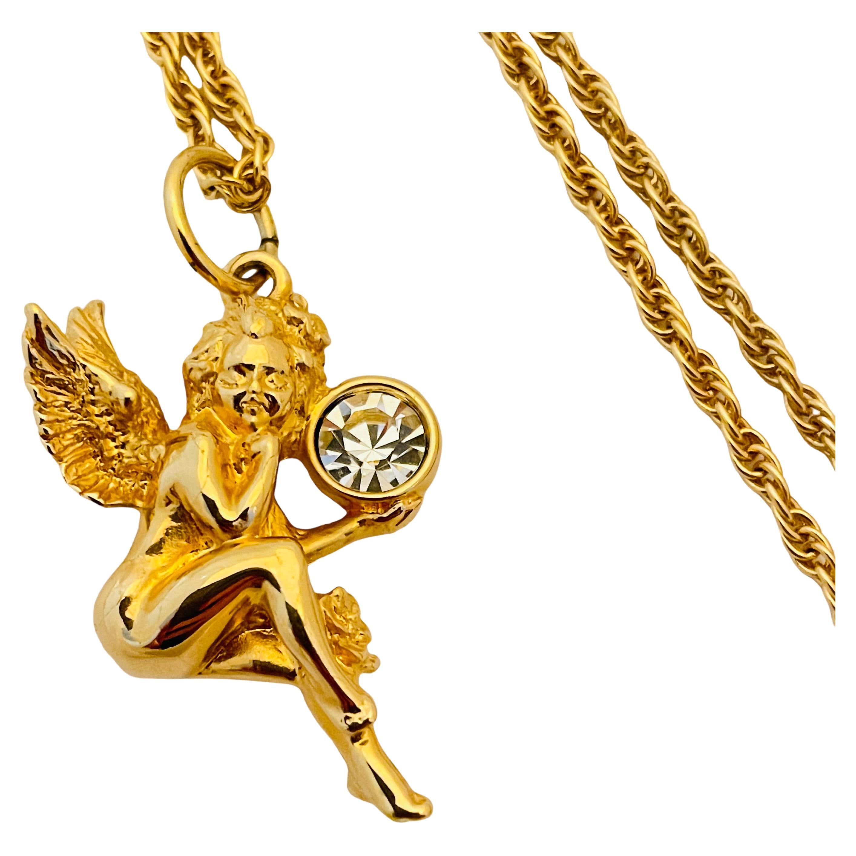 Vintage SWAROVSKI gold crystal angel pendant designer necklace 