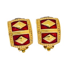 Vintage SWAROVSKI gold crystal enamel Etruscan designer runway clip on earrings