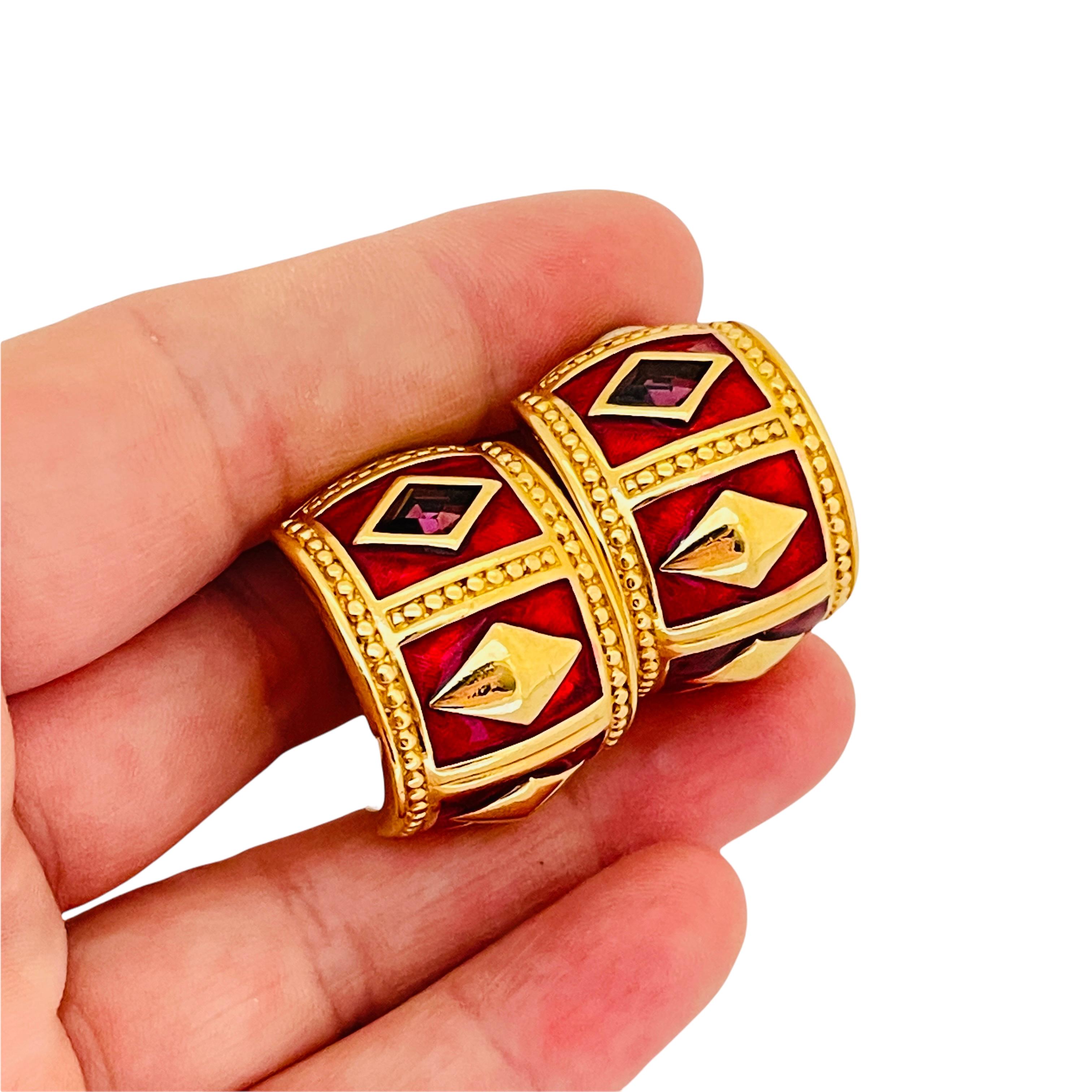 Vintage SWAROVSKI gold crystal enamel Etruscan designer runway clip on earrings For Sale 1