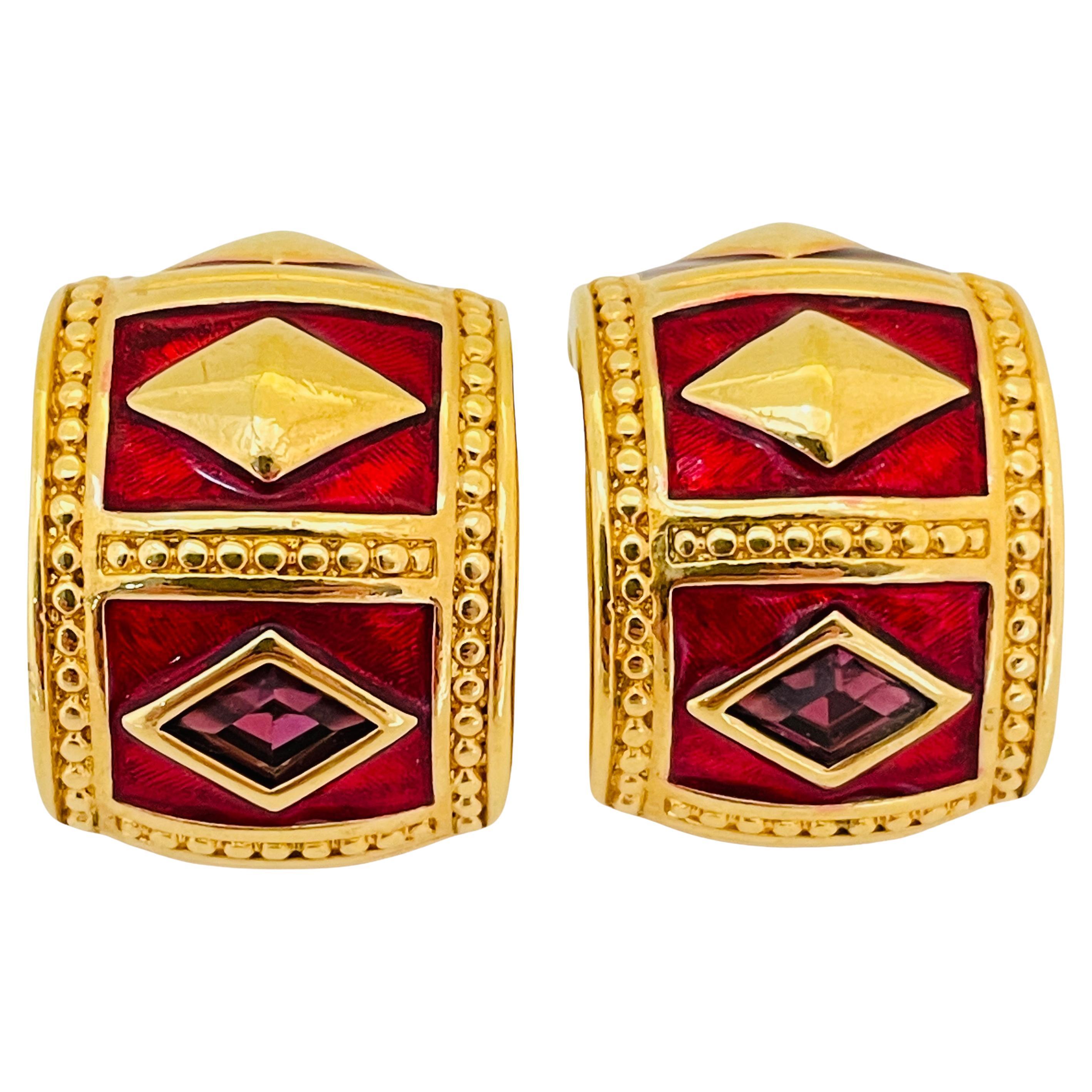 Vintage SWAROVSKI gold crystal enamel Etruscan designer runway clip on earrings For Sale