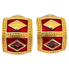 Vintage SWAROVSKI gold crystal enamel Etruscan designer runway clip on earrings