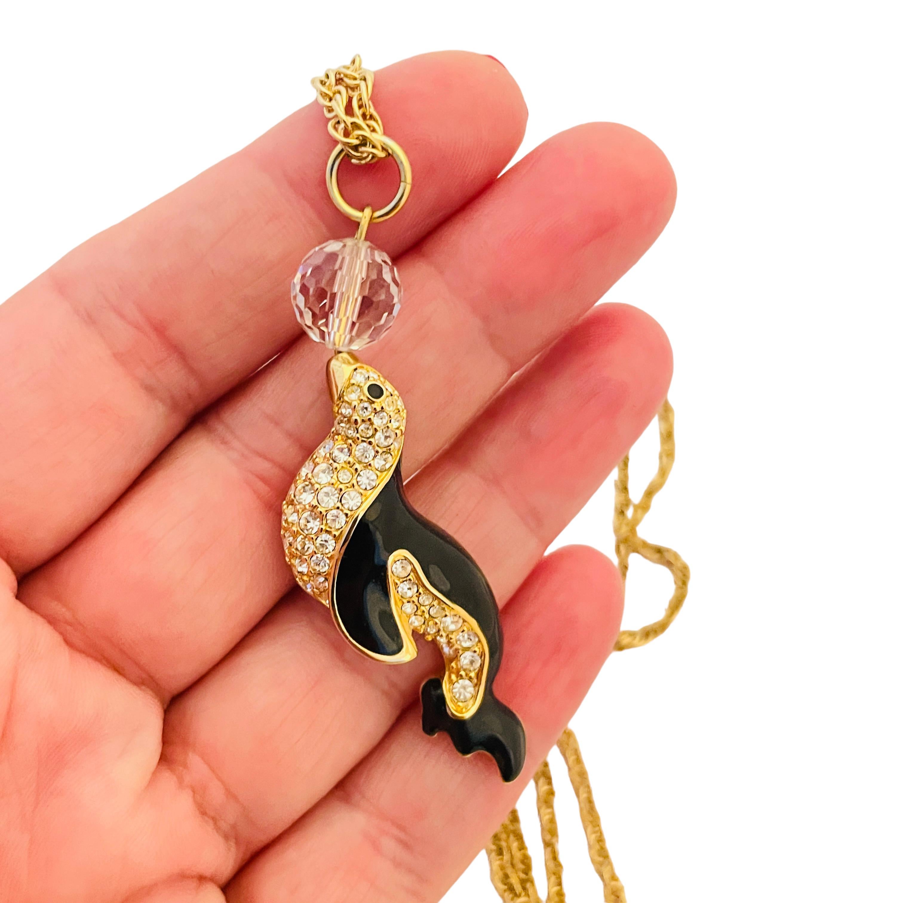 Vintage SWAROVSKI gold crystal enamel seagull pendant designer necklace  In Excellent Condition For Sale In Palos Hills, IL