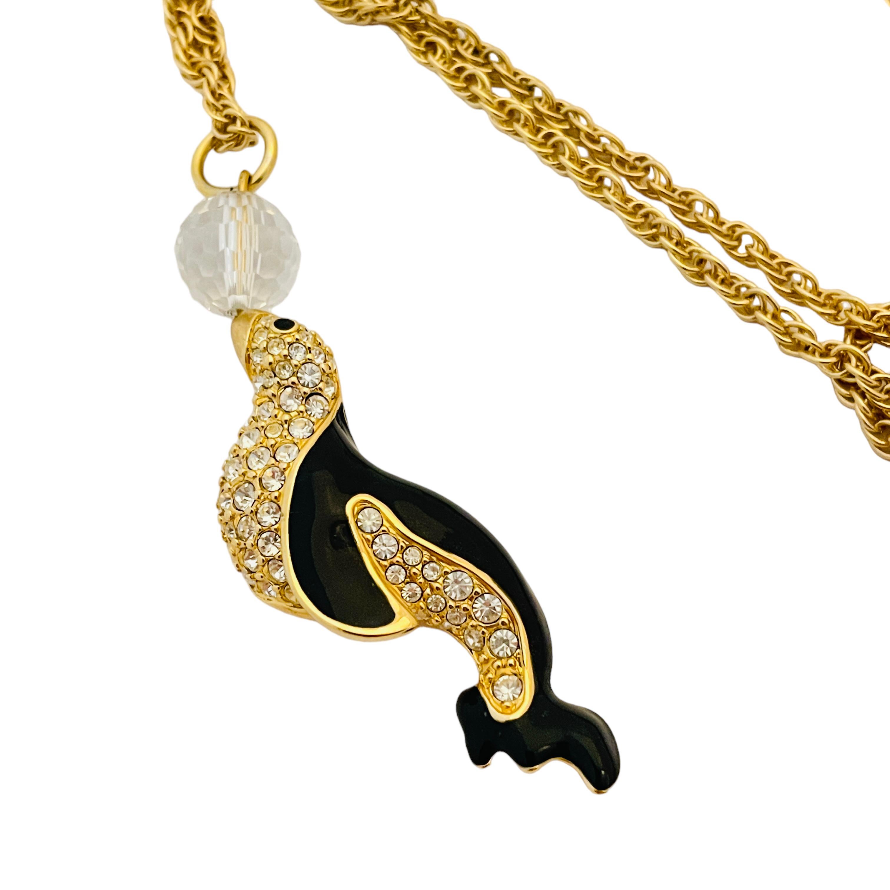 Women's or Men's Vintage SWAROVSKI gold crystal enamel seagull pendant designer necklace  For Sale