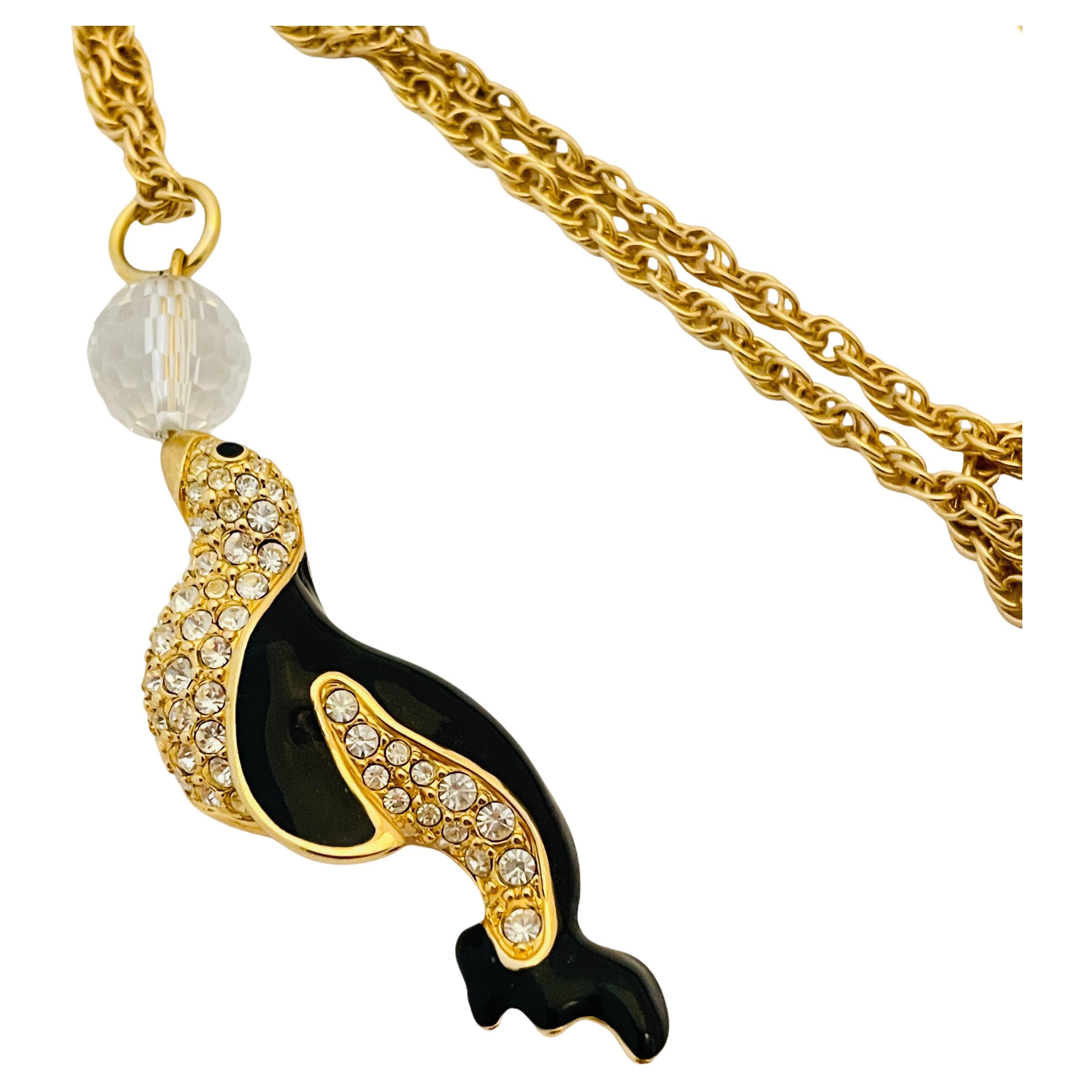 Vintage SWAROVSKI gold crystal enamel seagull pendant designer necklace  For Sale