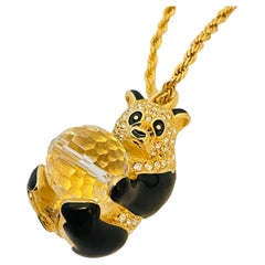 Vintage SWAROVSKI gold crystal panda bear pendant designer necklace 