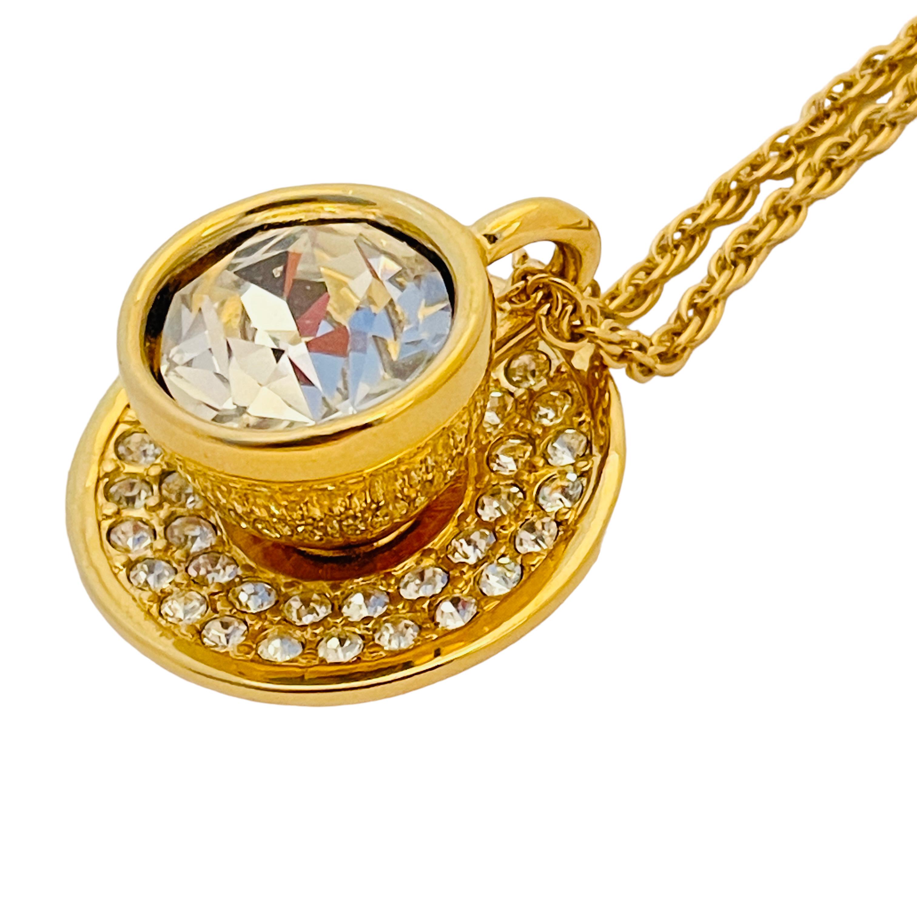 Women's or Men's Vintage SWAROVSKI gold crystal teacup pendant designer necklace 