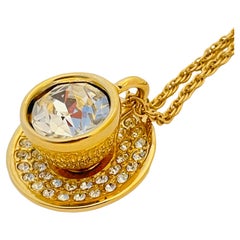 Vintage SWAROVSKI gold crystal teacup pendant designer necklace 