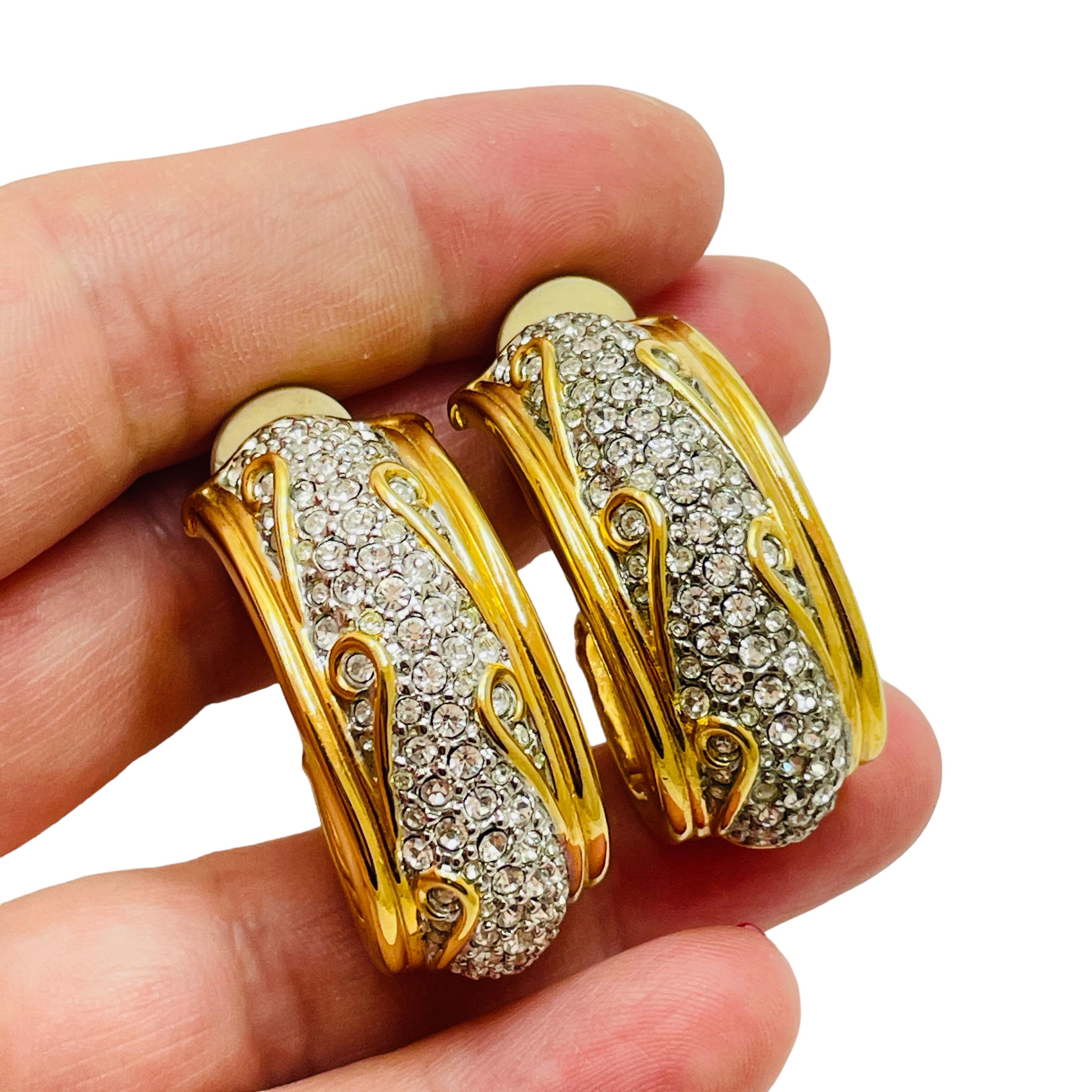 Women's or Men's Vintage SWAROVSKI gold crystsl clip on designer earrings For Sale