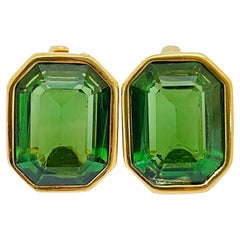 Vintage SWAROVSKI gold green crystal designer runway clip on earrings