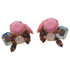 Vintage Swarovski Opaque Rose and Aurora Borealis Cluster Button Earrings