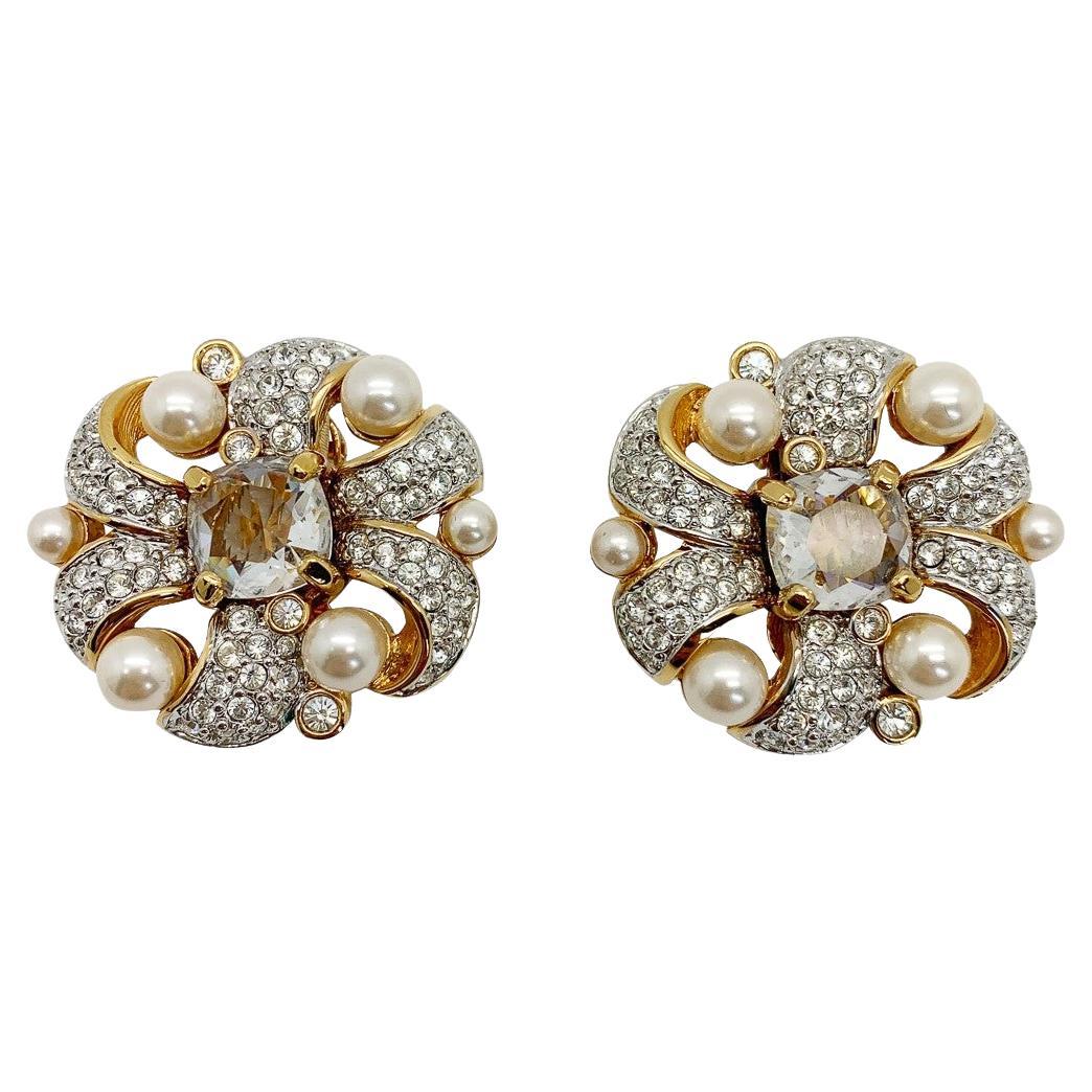 vintage Swarovski pearl & crystal swirl earrings 1980s For Sale