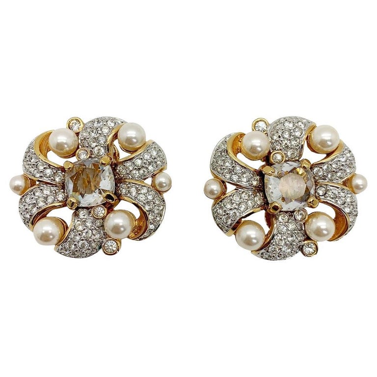 vintage Swarovski pearl and crystal swirl earrings 1980s For Sale at 1stDibs