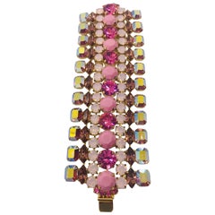 Vintage Swarovski Rose, Opaque and Aurora Borealis Crystal Flex Cuff Bracelet