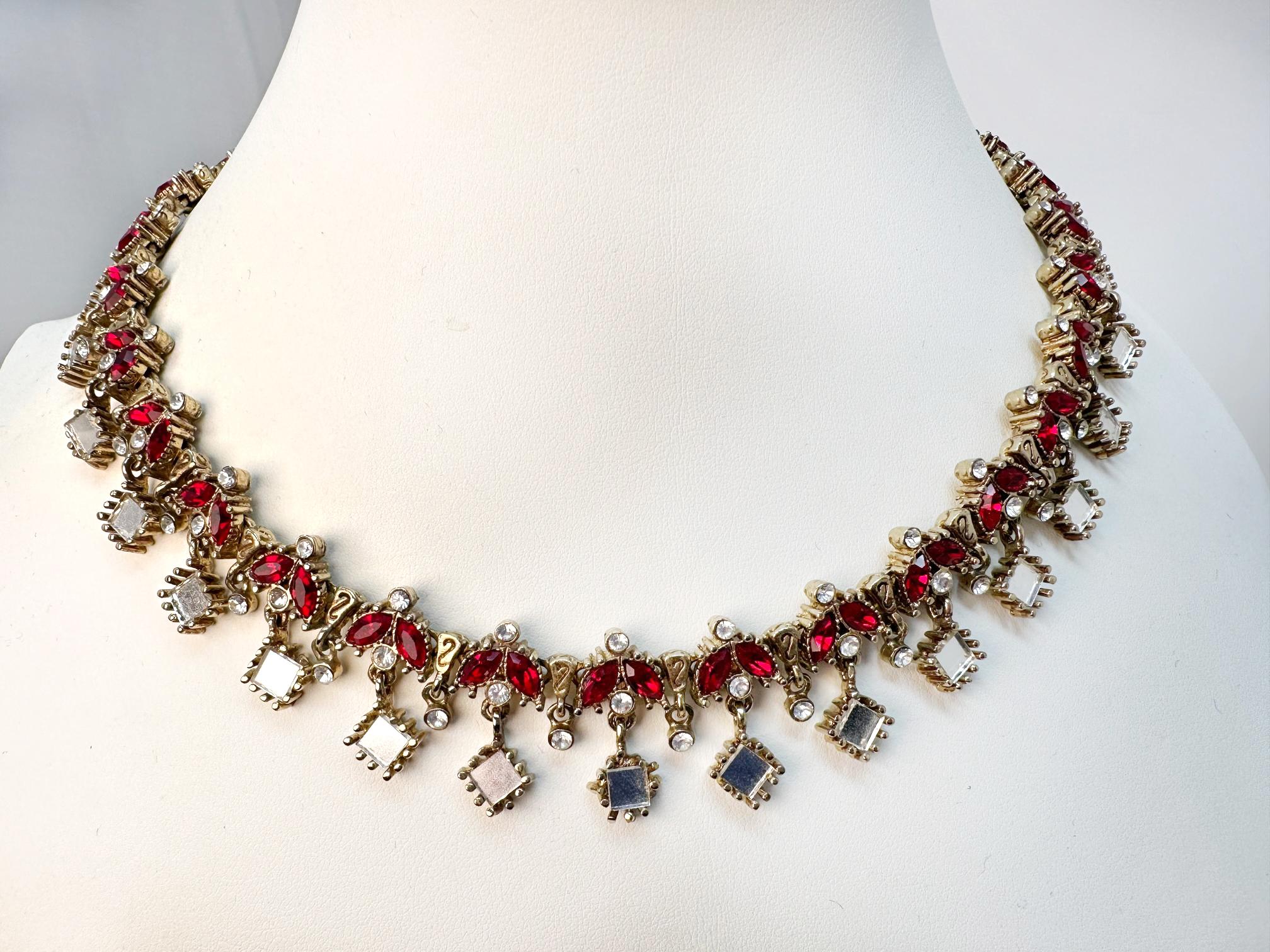 Late Victorian VINTAGE SWAROVSKI RUBY RED/CLEAR CRYSTAL/MIRROR Gold Gilt Choker Necklace 