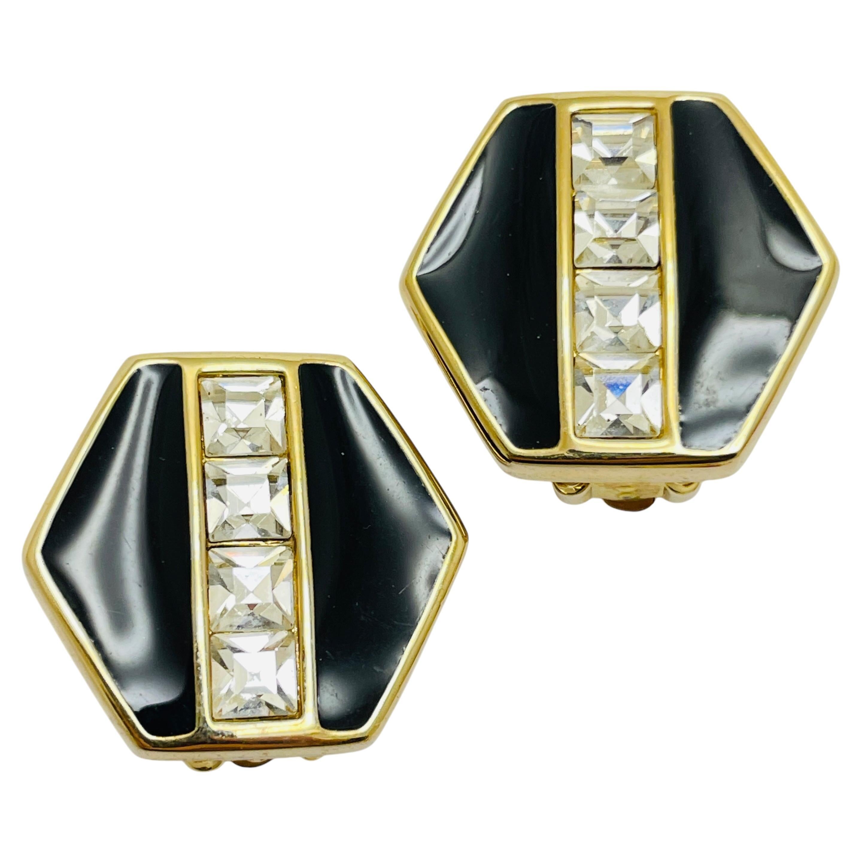Vintage SWAROVSKI signed gold plated crystals enamel designer clip on earrings For Sale