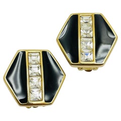 Vintage SWAROVSKI signed gold plated crystals enamel designer clip on earrings