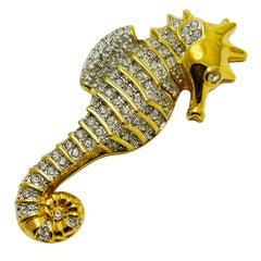 Vintage SWAROVSKI signed swan logo gold plated crystals seahorse designer brooch