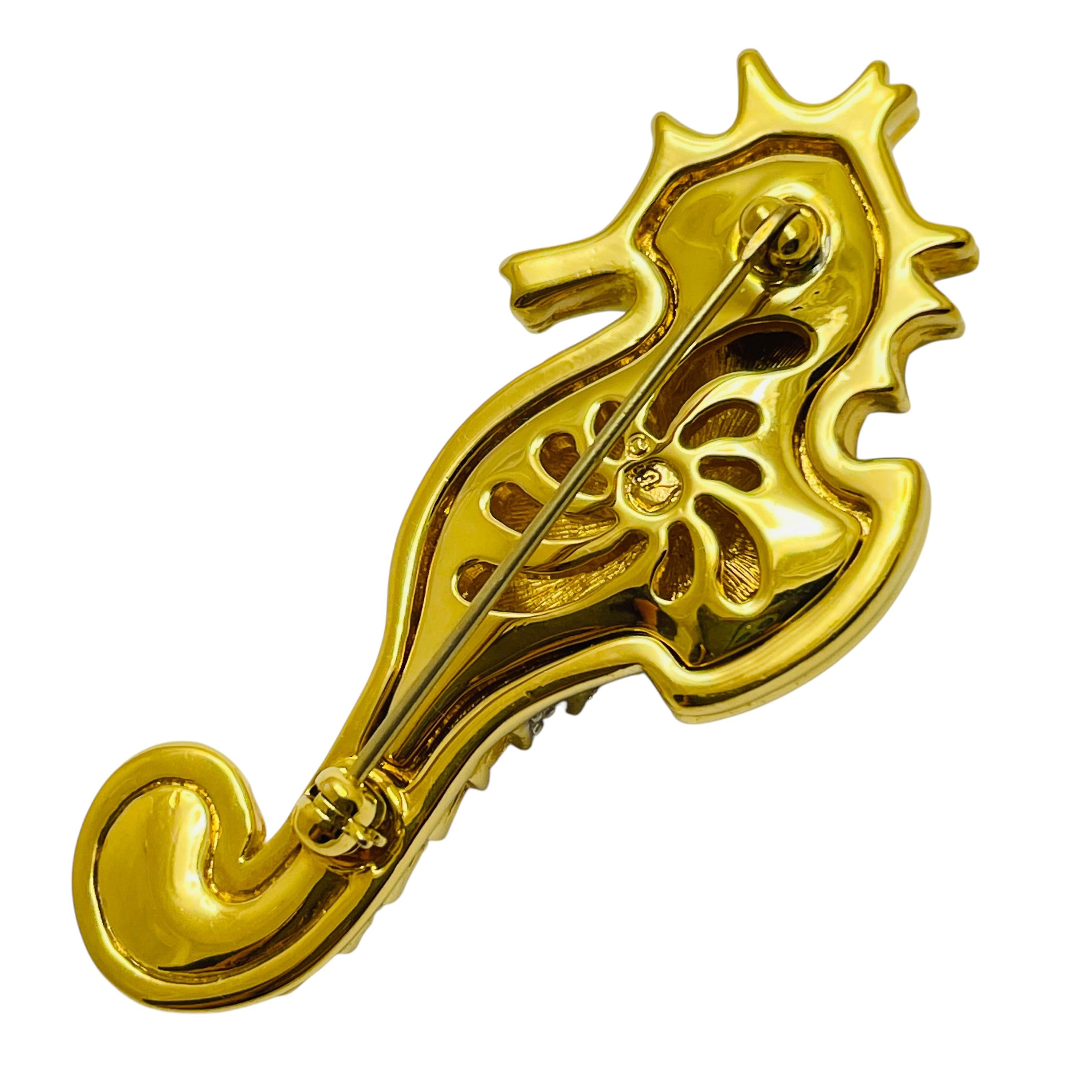 Women's Vintage SWAROVSKI signed swan logo gold plated crystals seahorse designer brooch
