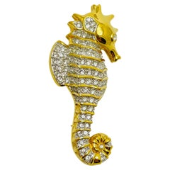 Vintage SWAROVSKI signed swan logo gold plated crystals seahorse designer brooch