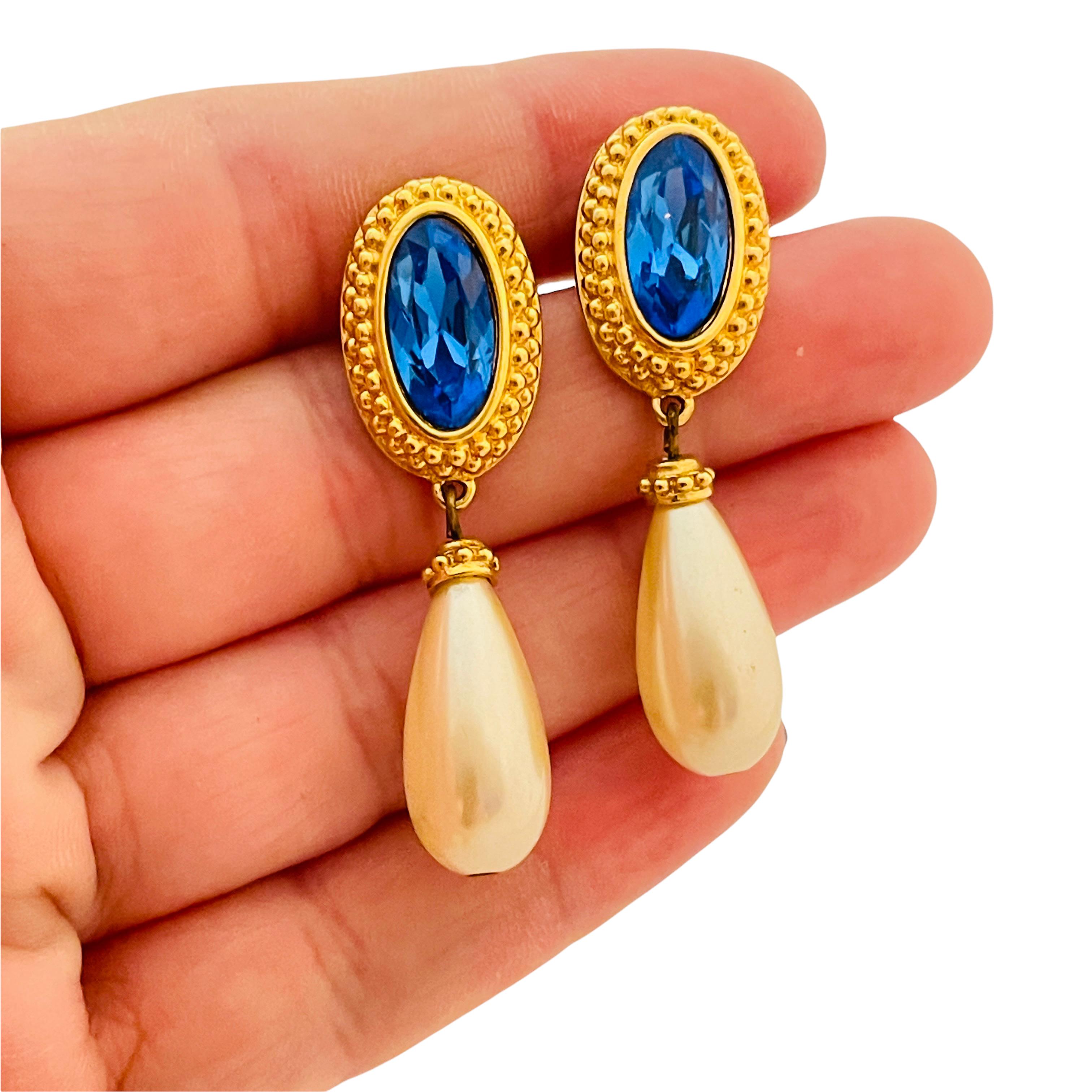 Designer-Laufsteg-Ohrringe, SWAROVSKI Swan Gold Blauer Kristall Tropfenperle Damen im Angebot