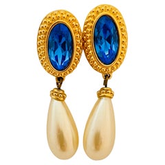 Used SWAROVSKI swan gold blue crystal drop pearl designer runway earrings